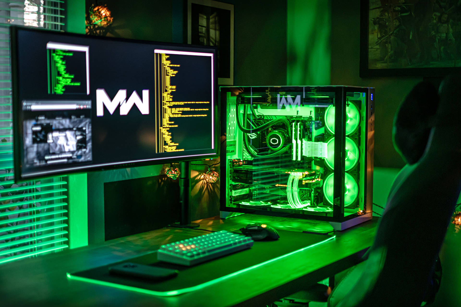 Gaming Room All Green Lights Background