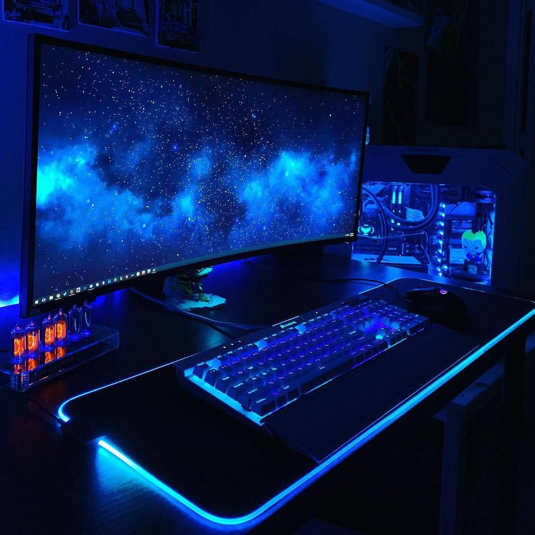 Gaming Room Neon Blue Setup Background