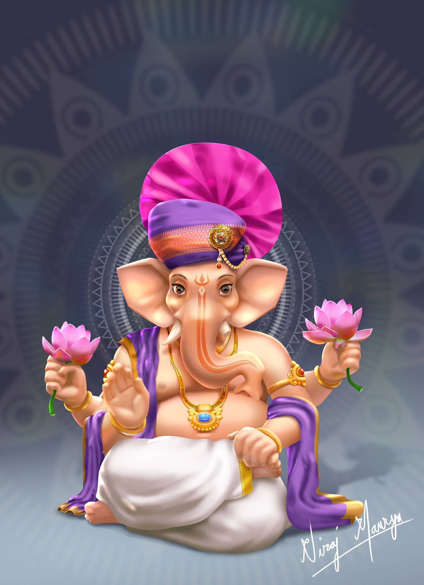 Ganesh 3d In Purple Turban Background