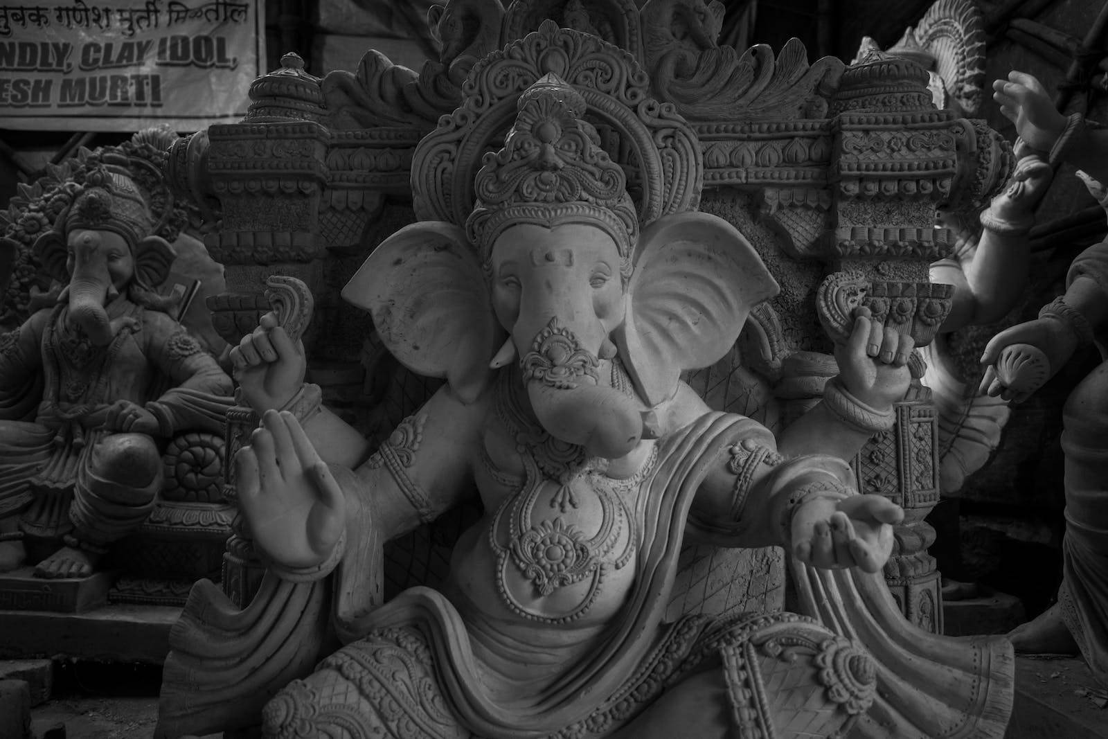 Ganesha Sitting On Throne Grayscale Background