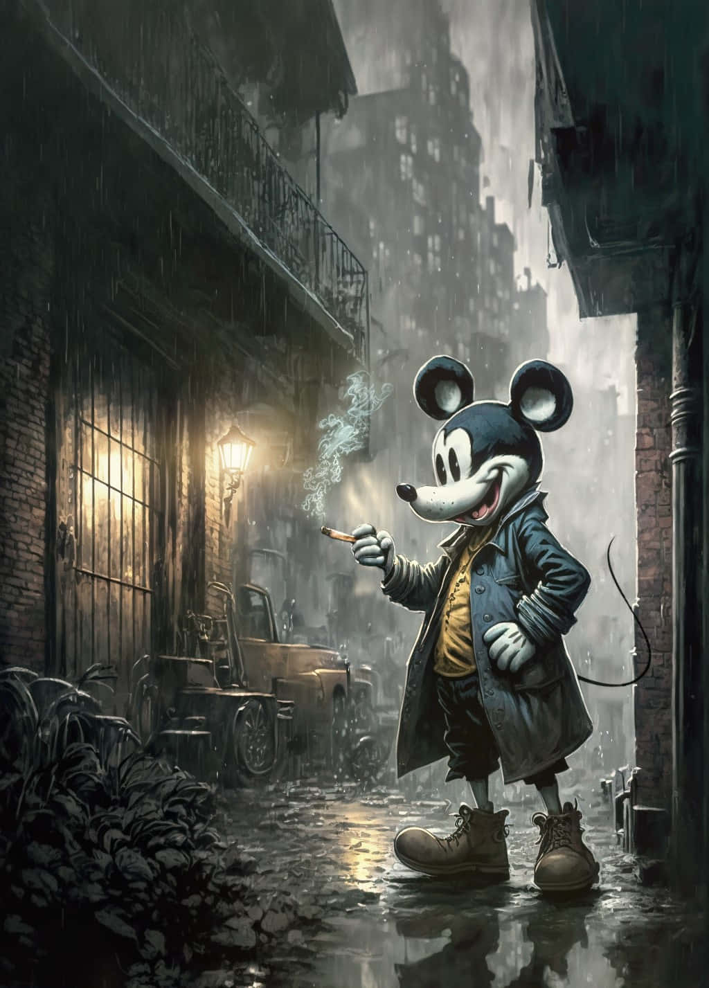 Gangster Mickey Mousein Rainy Alley Background