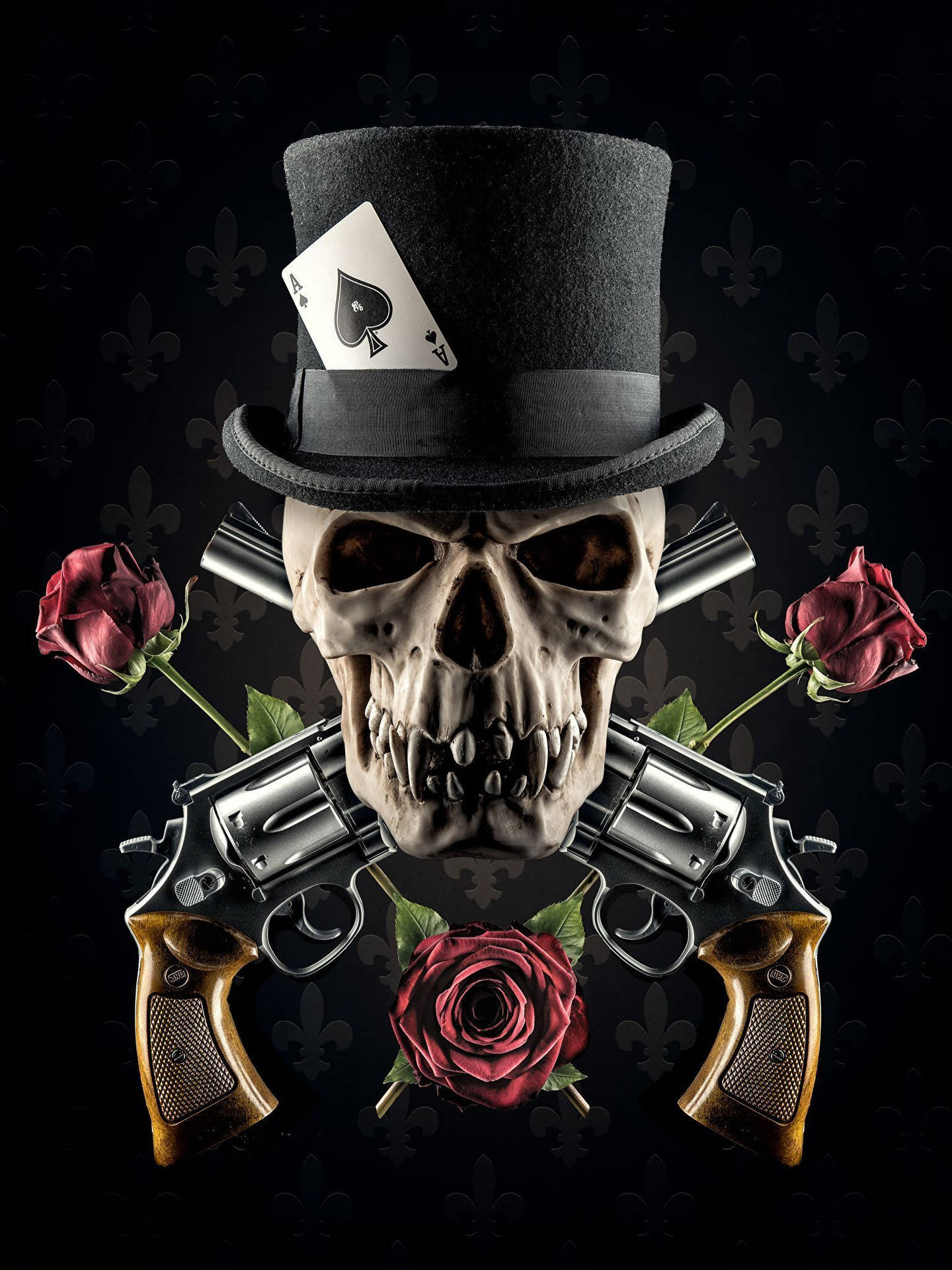 Gangster Skeleton With Guns And Roses Background