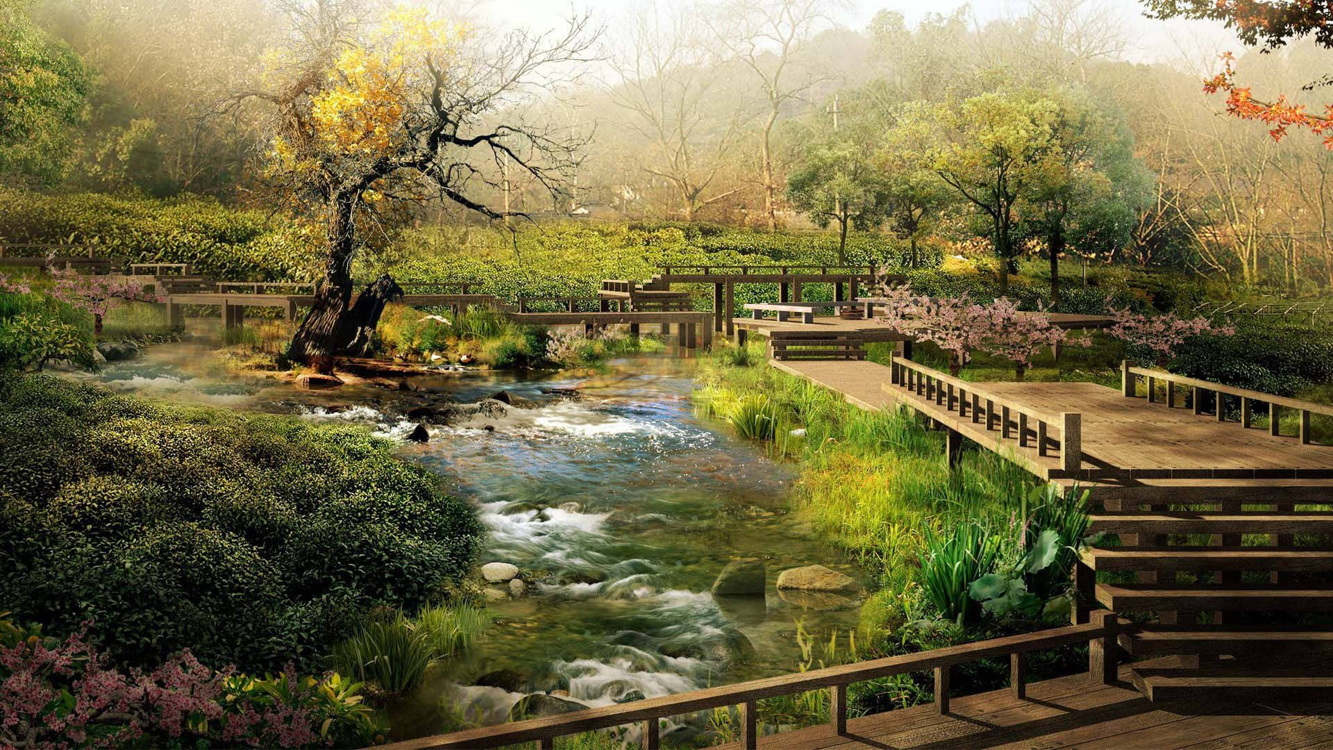 Garden Lake Bridge Japanese Nature Background