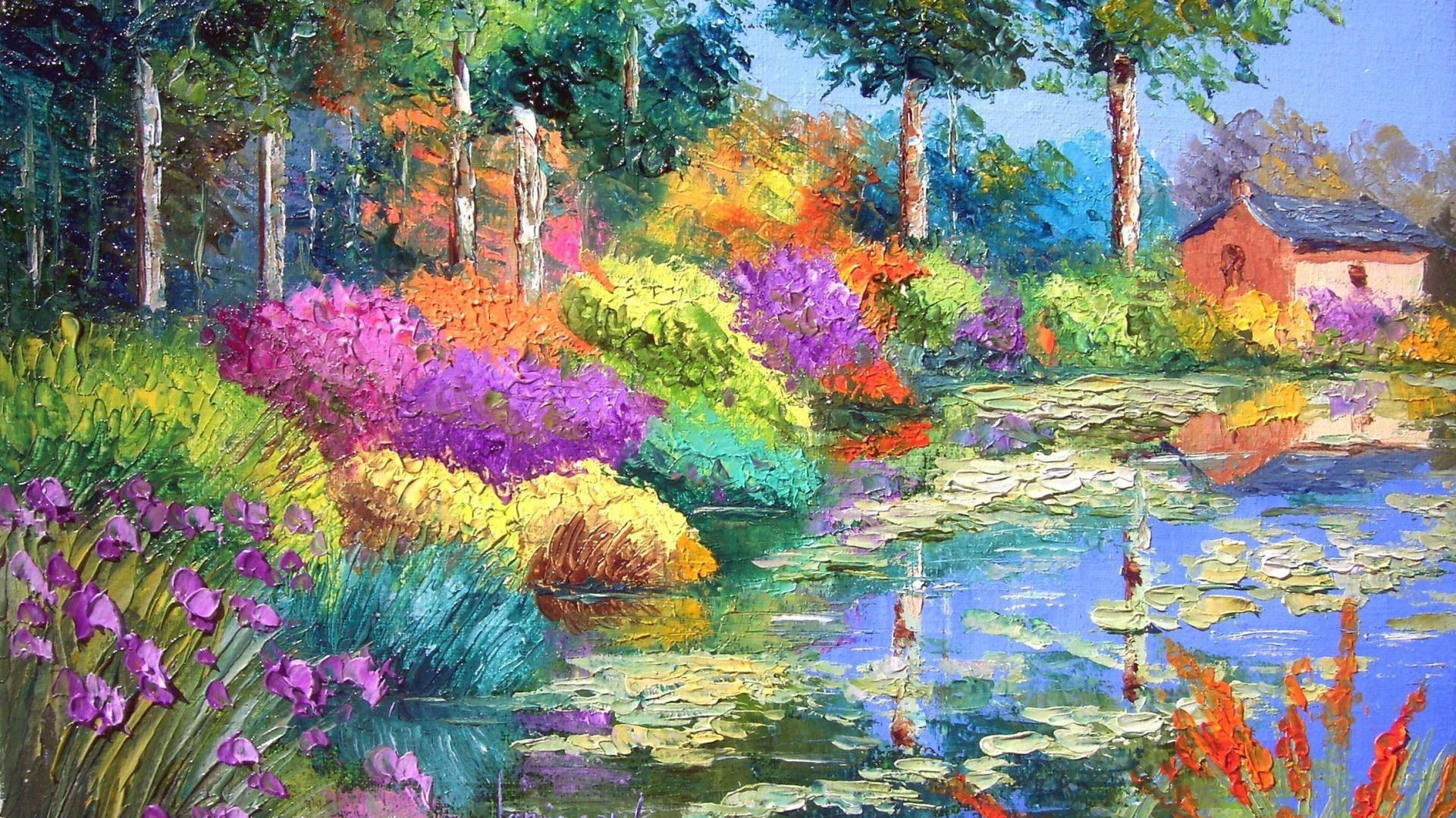 Garden Pond Colorful Painting Background