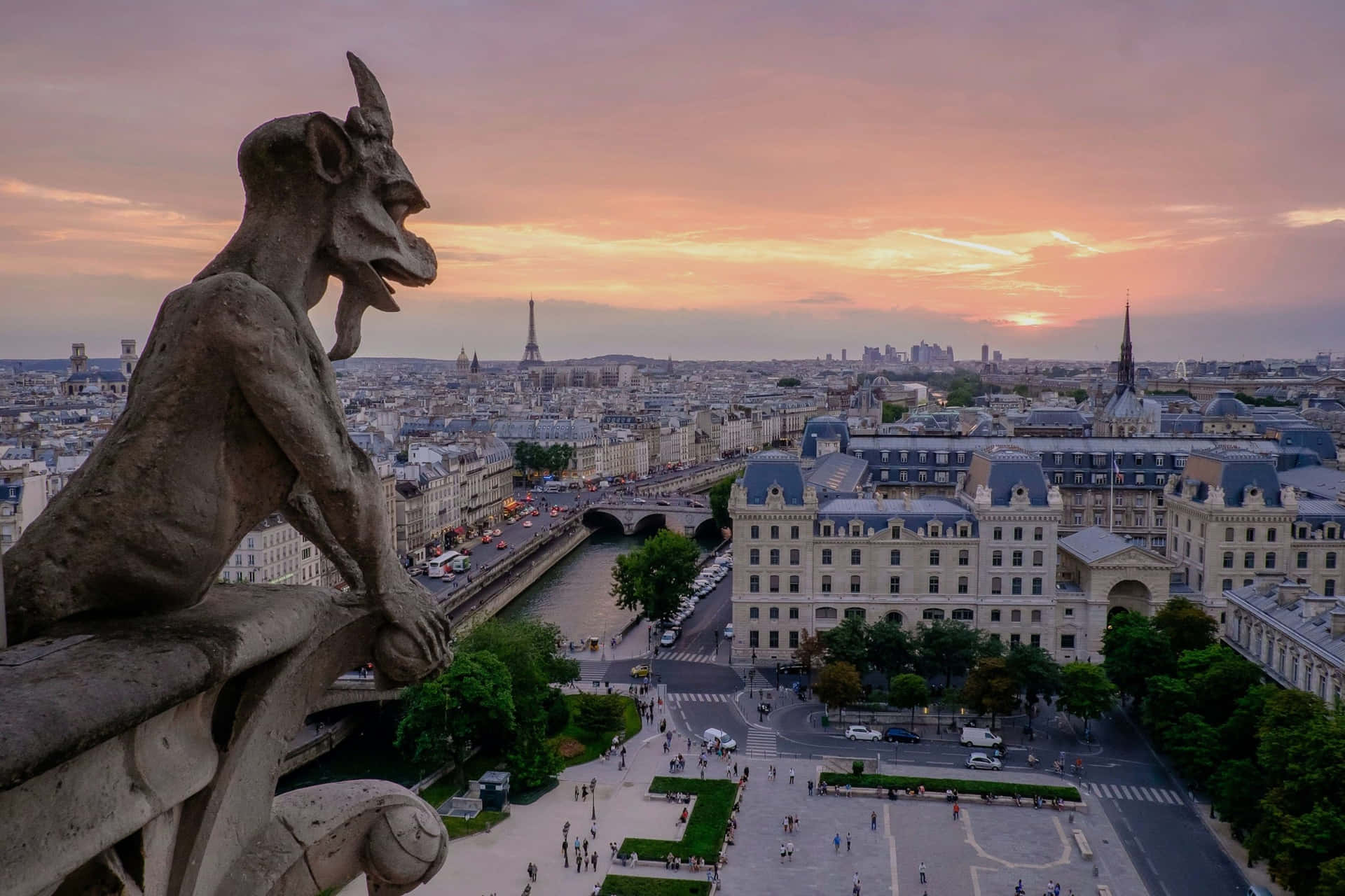 Gargoyle Overlooking Paris Sunset Background