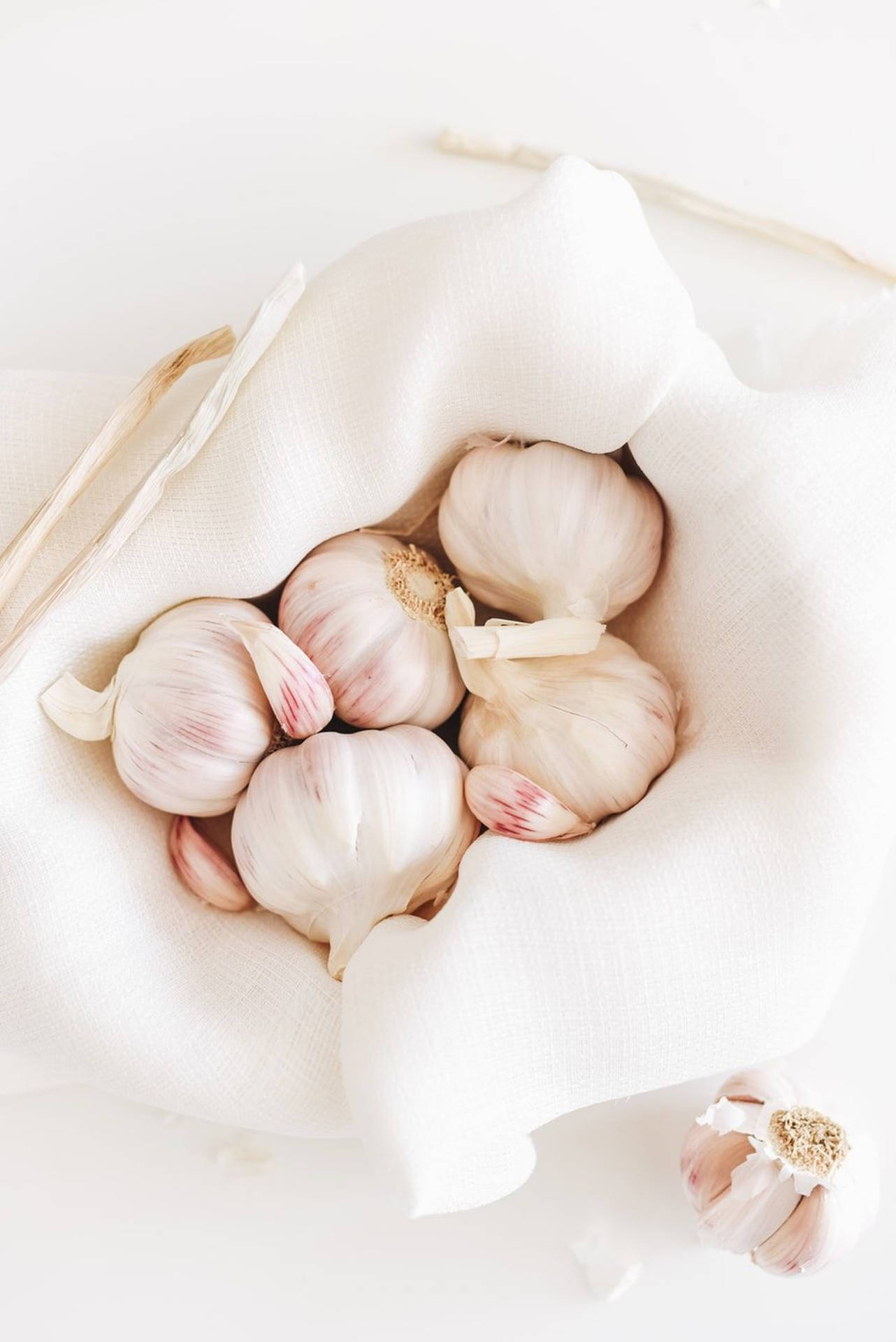 Garlic Vegetable Herb In White Soft Linen Background