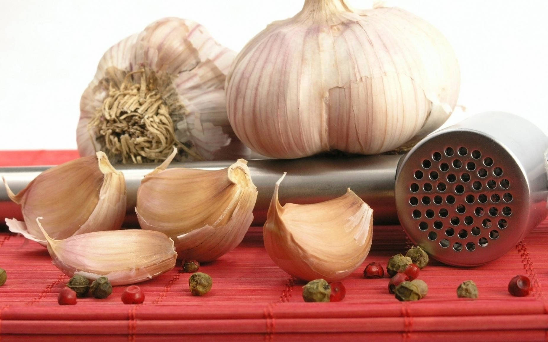 Garlic Vegetable With Metal Mortar Background