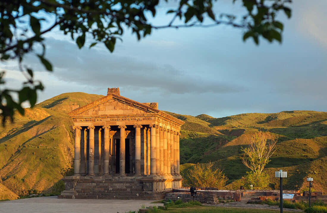 Garni Temple With Gegham Mountains Background