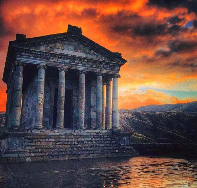 Garni Temple With Orange Clouds Background