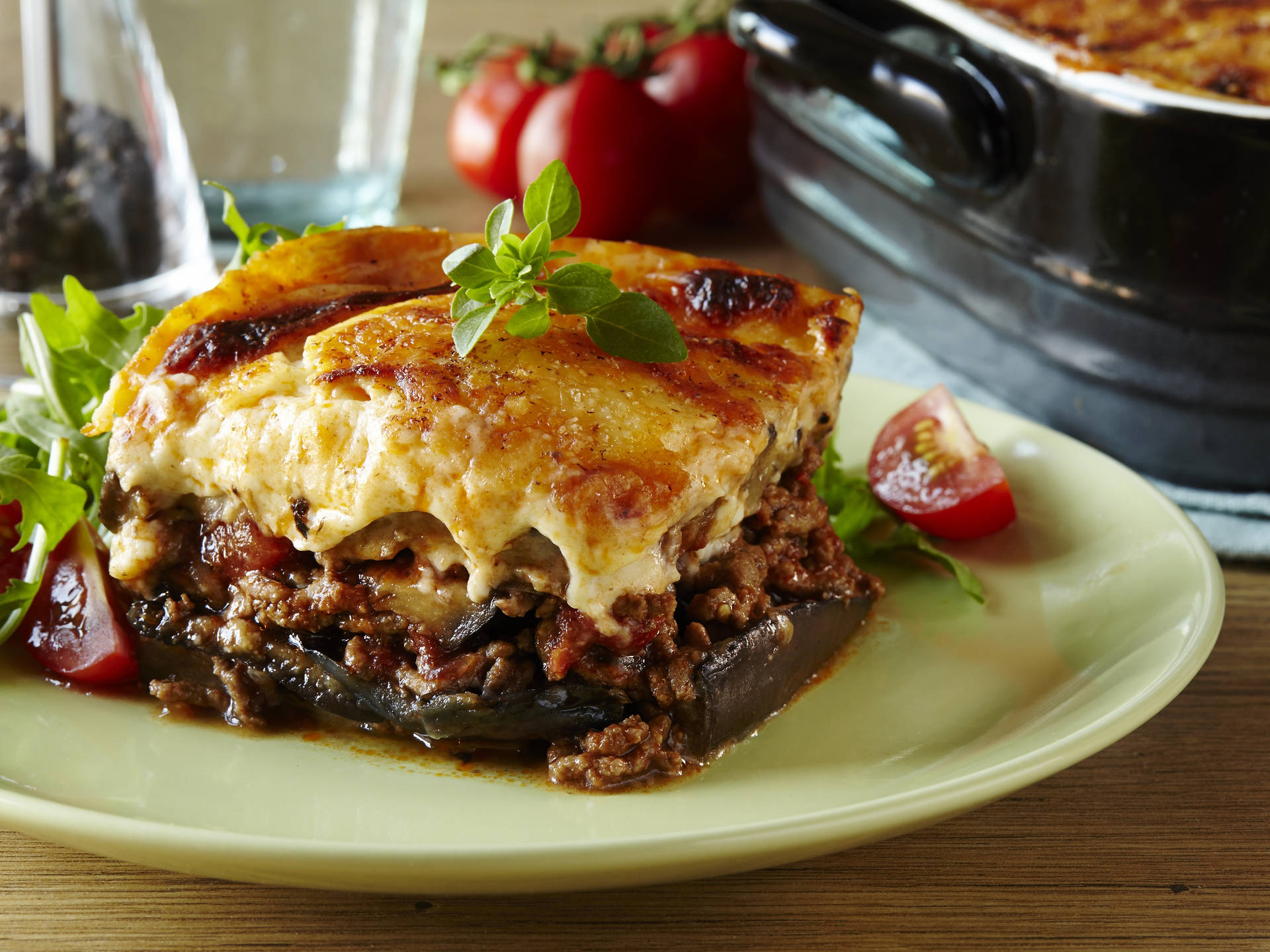 Garnished Velvety Baked Moussaka Background