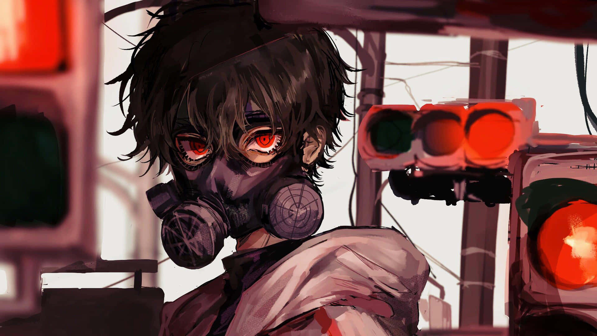 Gas Mask Boy Anime Red Eyes Background