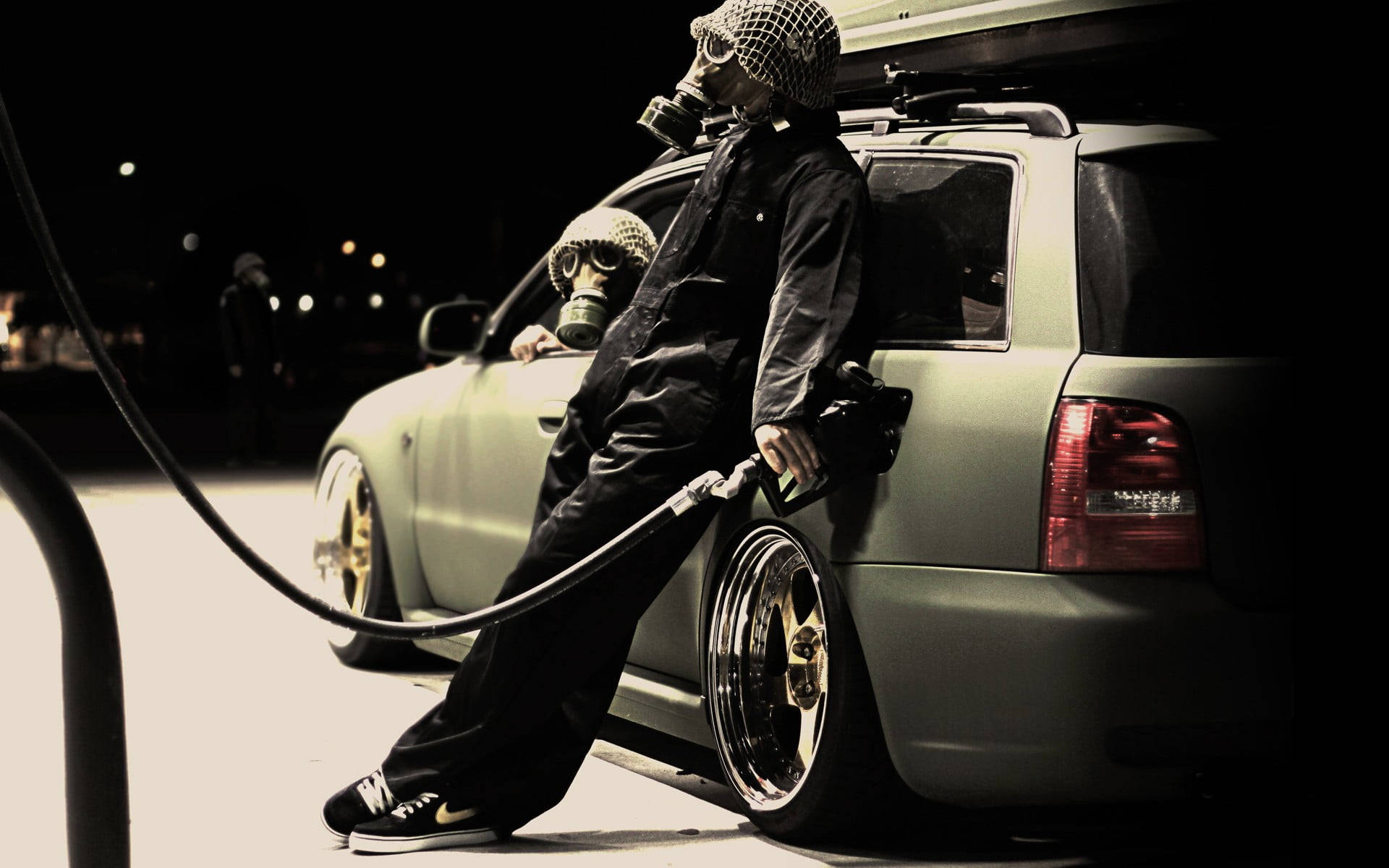Gas Mask In Gas Station Background