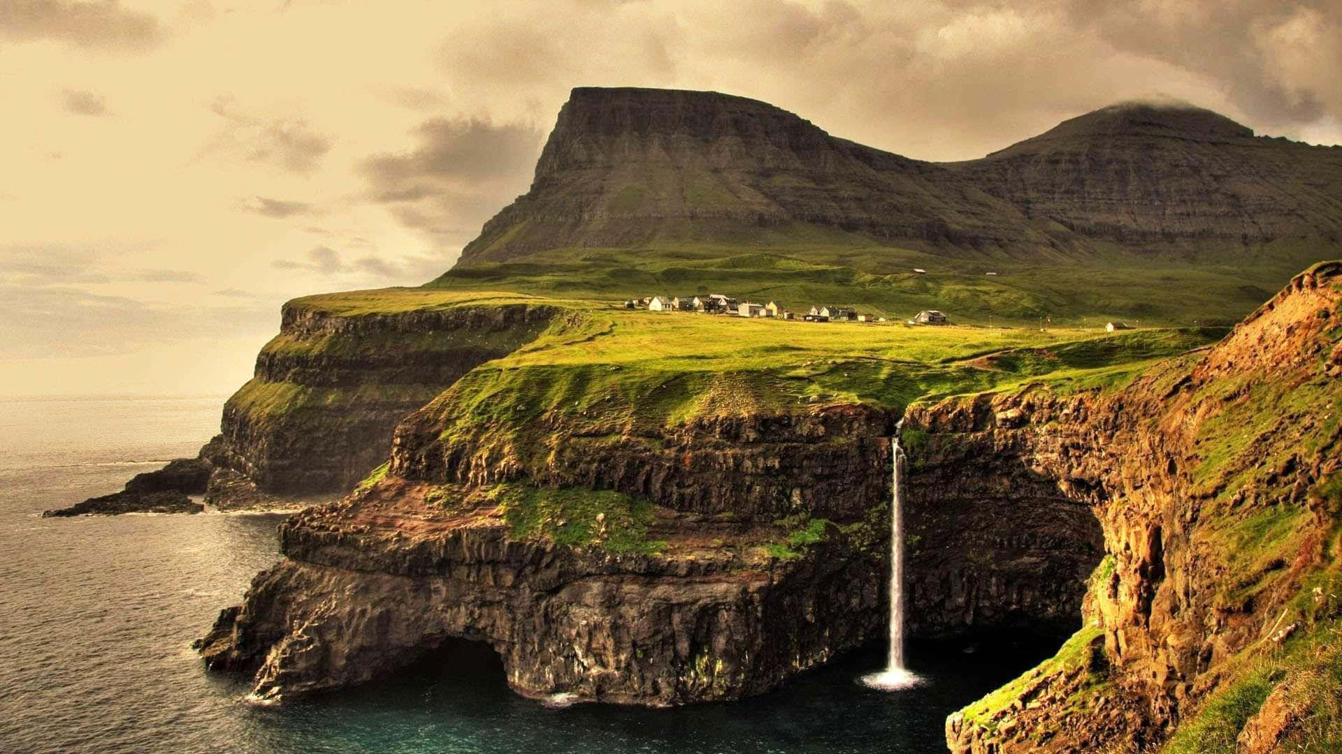 Gasadalur Village Mountain Cliff Faroe Islands Background