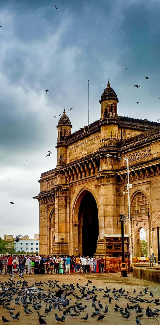 Gateway To India Crowds And Birds Background