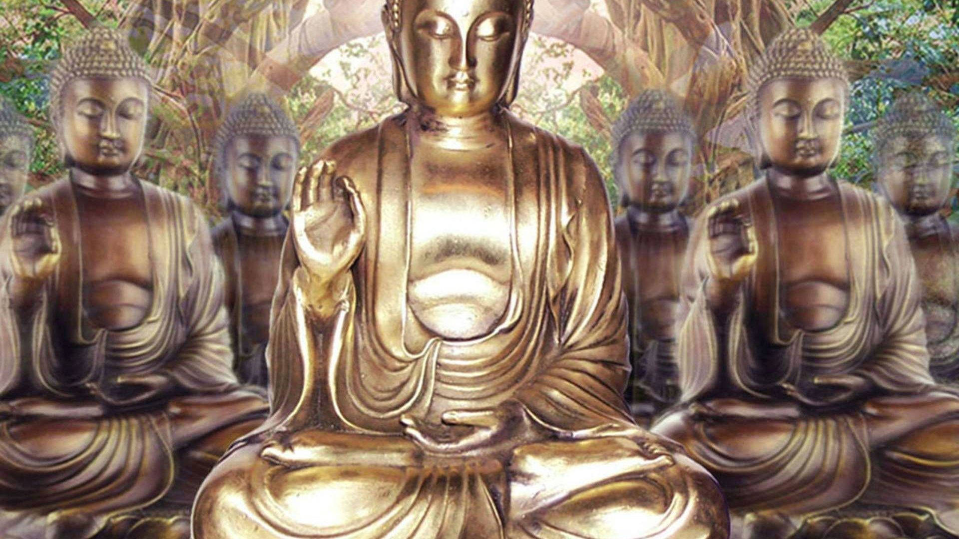 Gautam Buddha Shiny Gold Statues Background