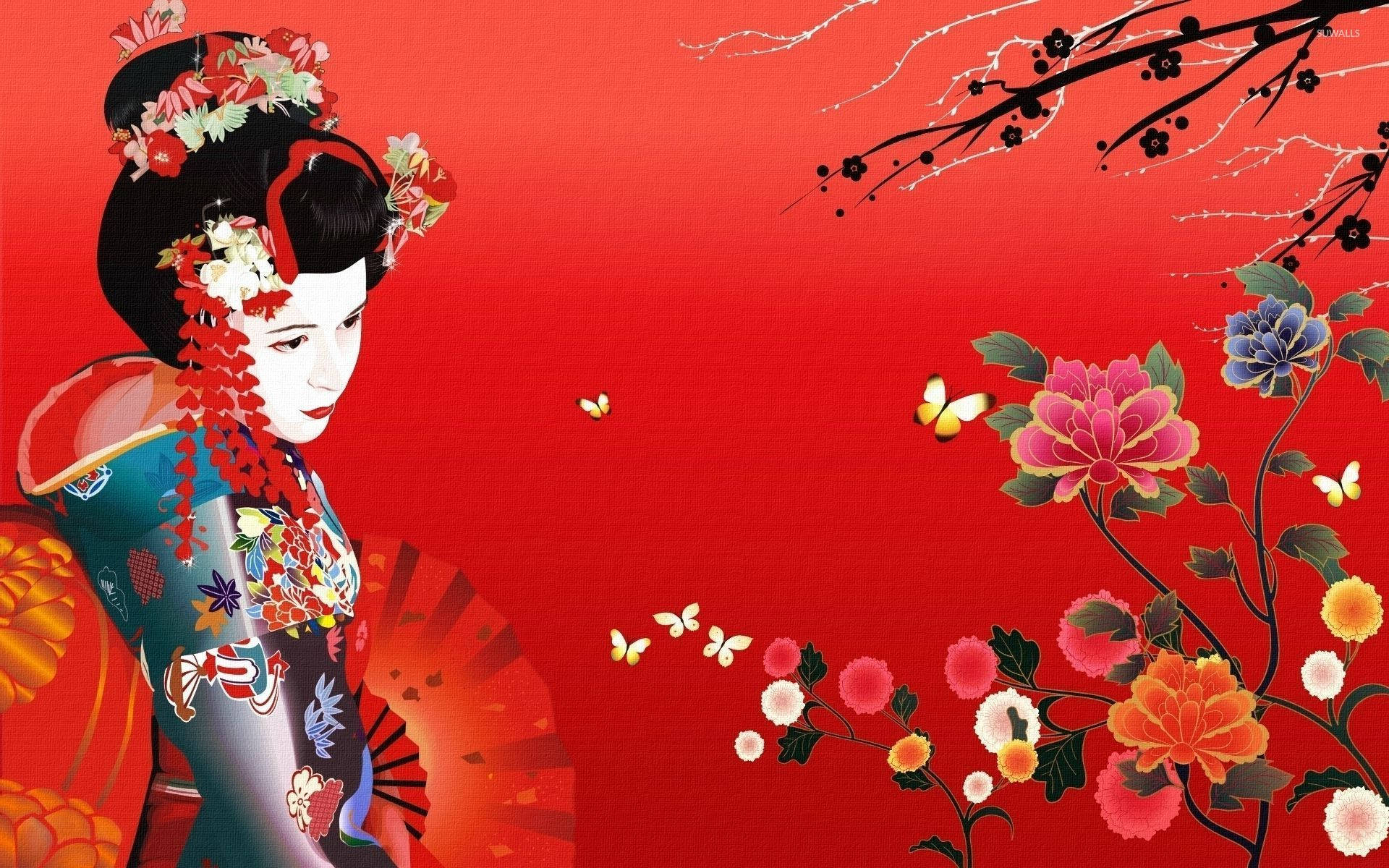 Geisha Red Floral Painting Background