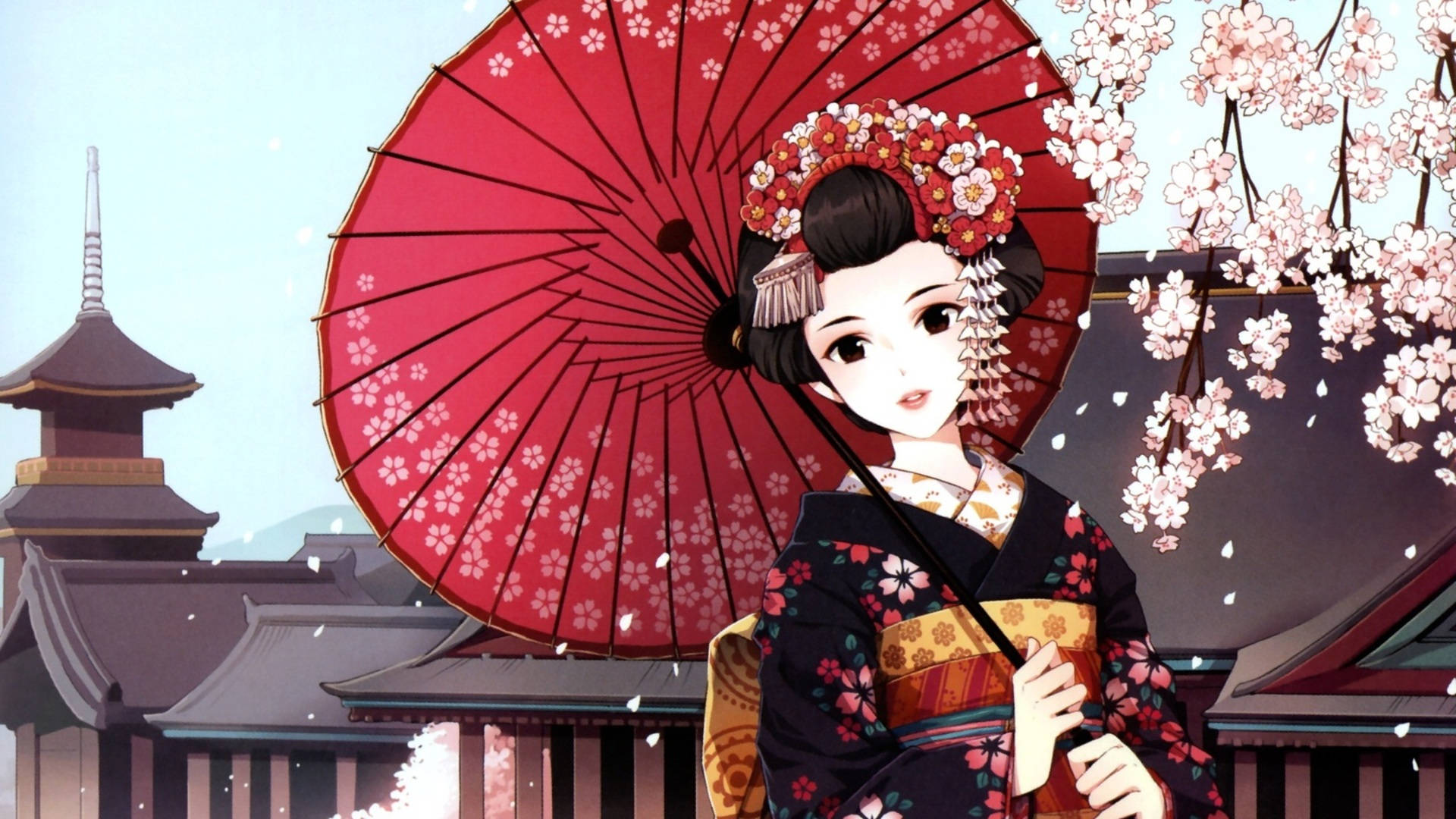 Geisha Red Umbrella Cherry Blossoms Background