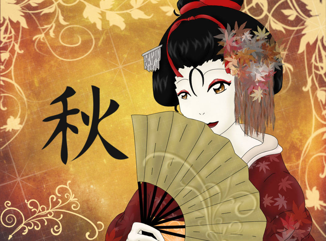 Geisha With Gold Fan Background