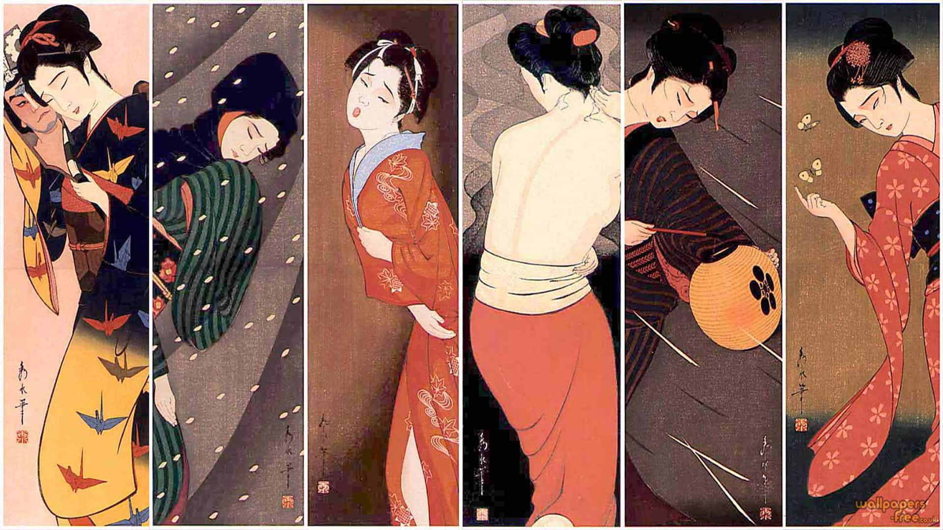 Geishas In Kimono By Yoshio Tsutsumi Background