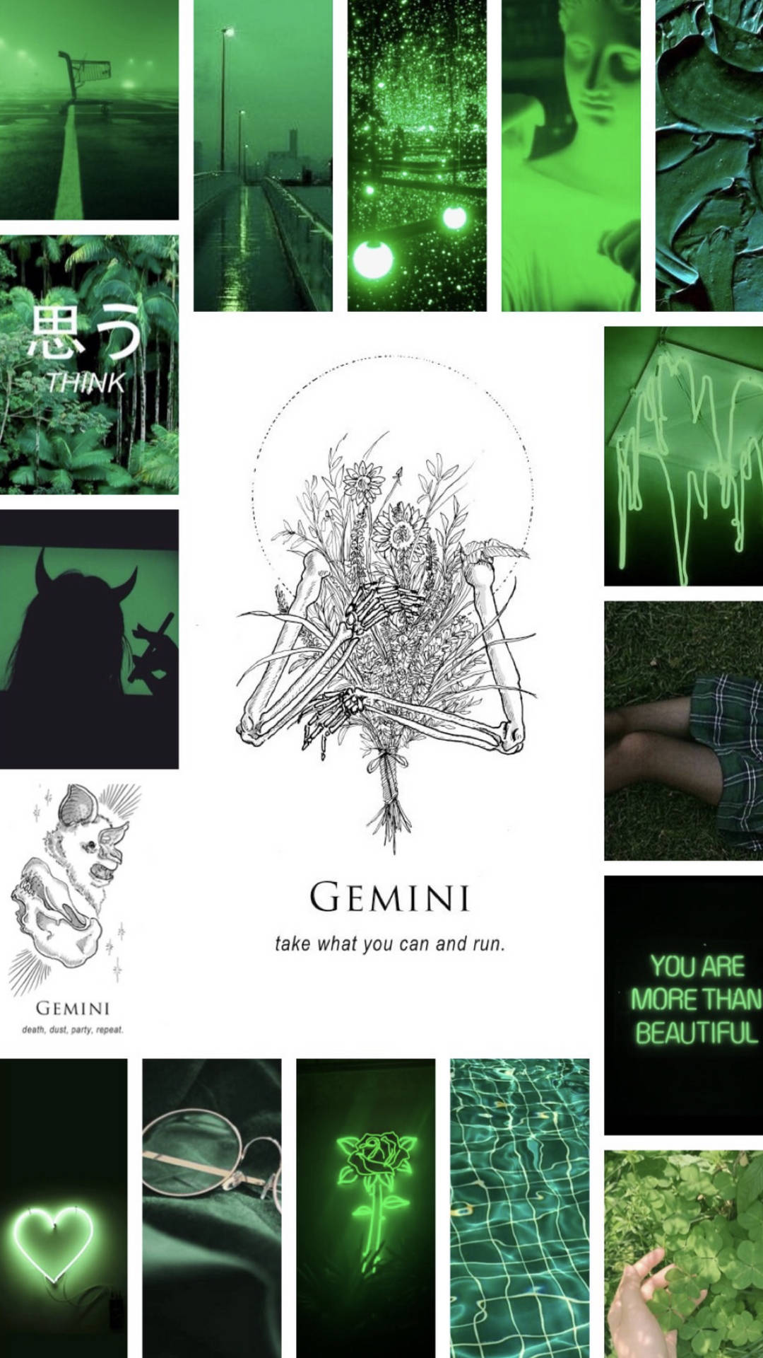 Gemini Zodiac Green Collage Background
