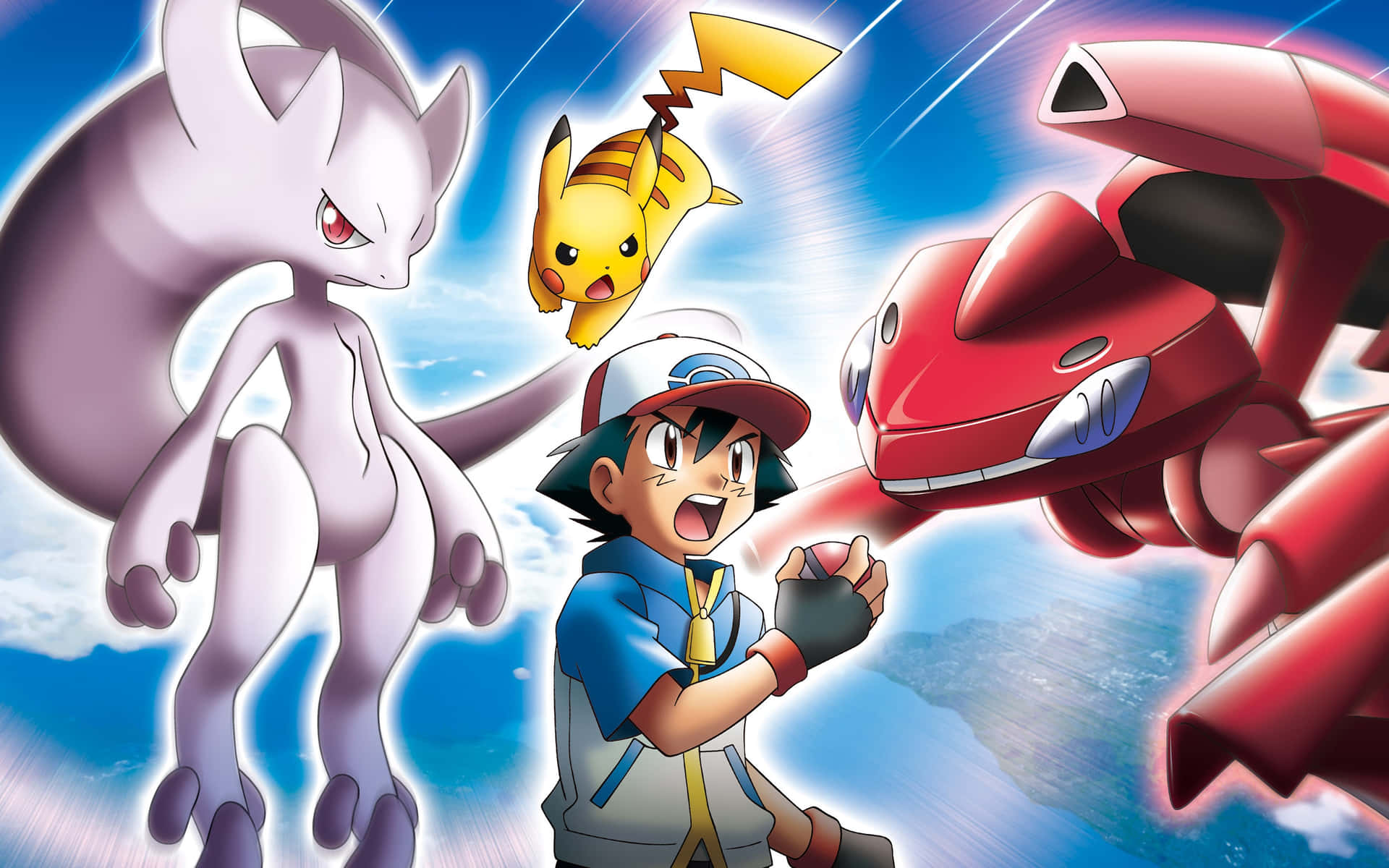 Genesect, Mewtwo, Pikachu, And Ash Background