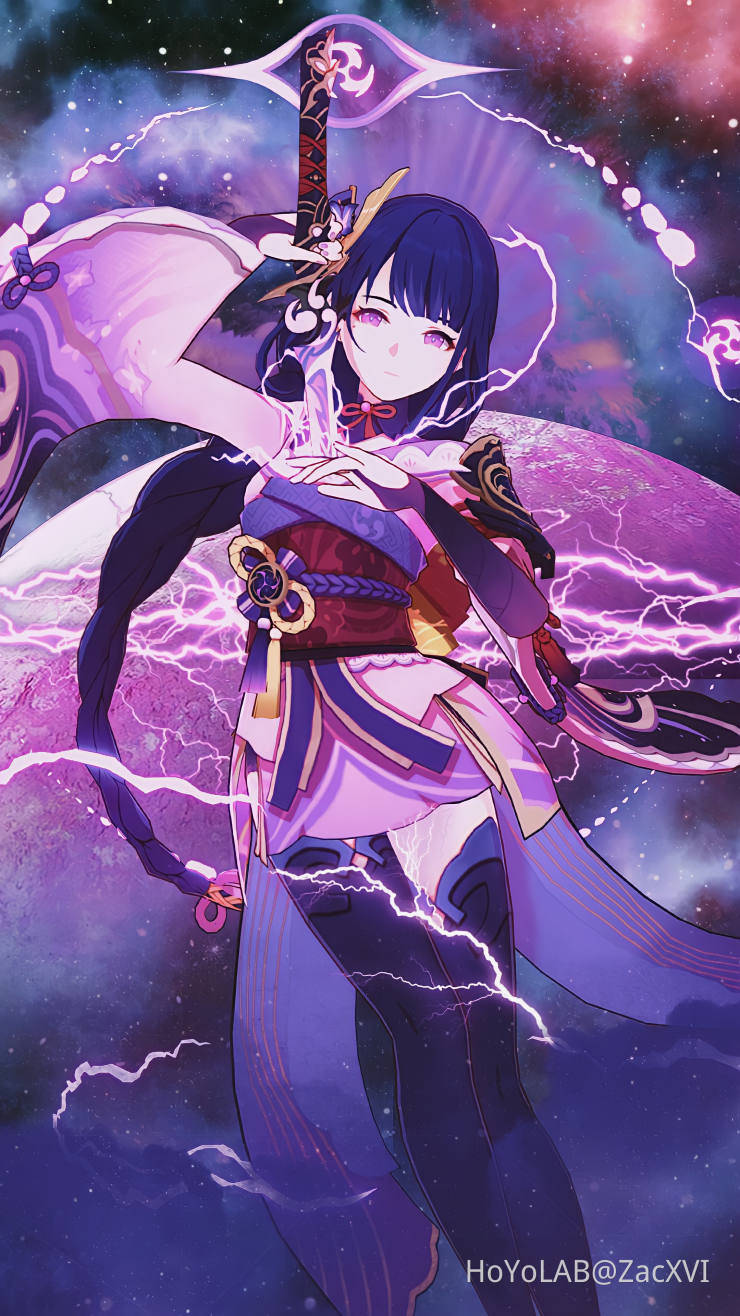 Genshin Impact Raiden Shogun Purple Moon Background