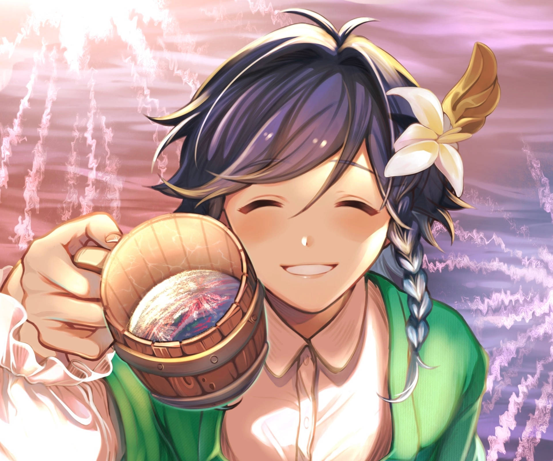 Genshin Venti Holding Up A Mug Background