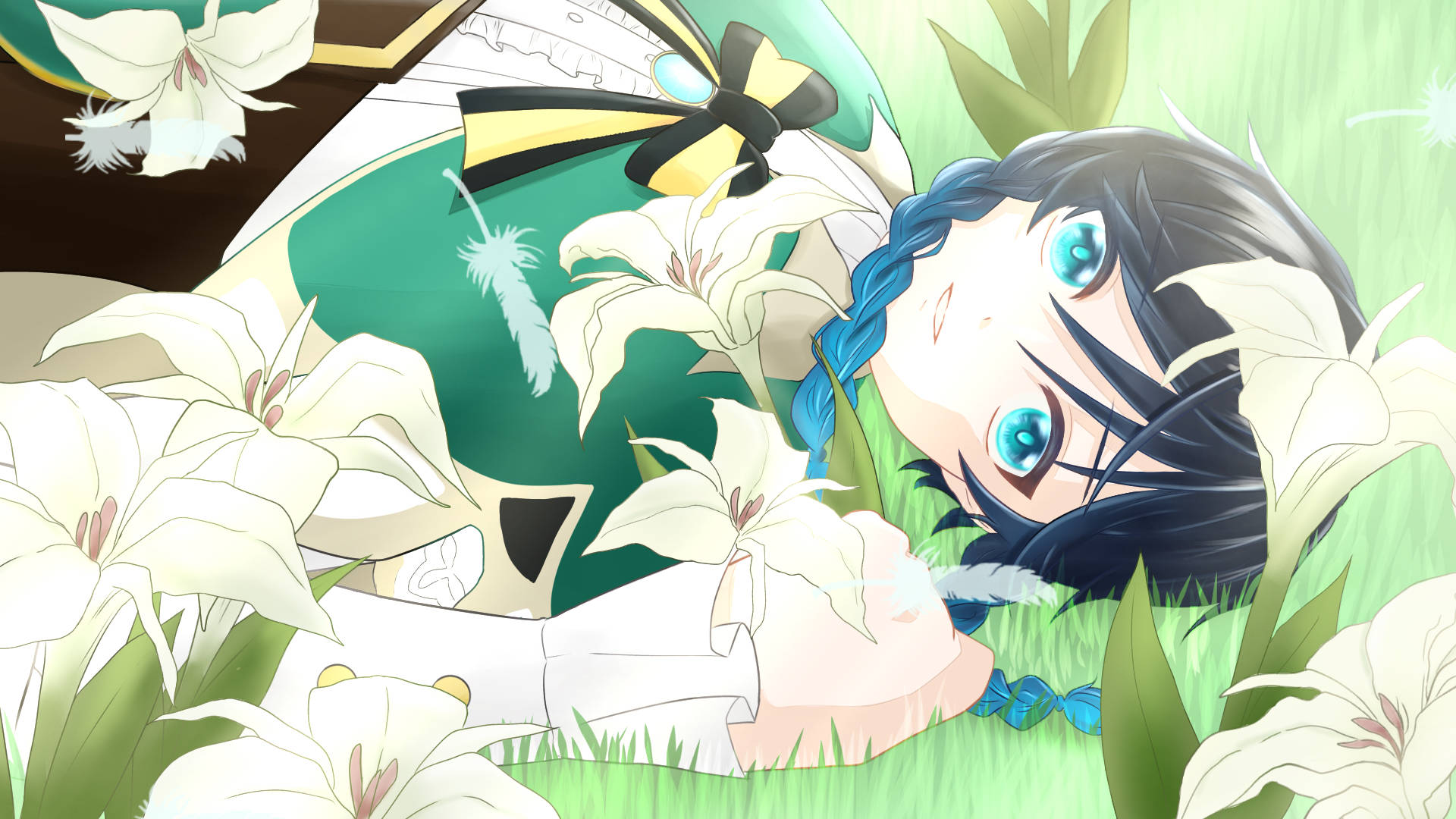 Genshin Venti Lying Down On Grass Background