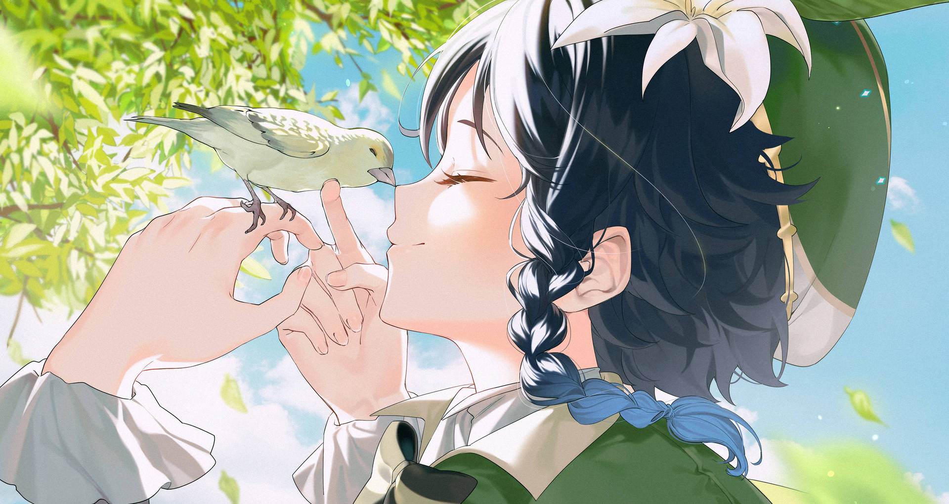 Genshin Venti With A Bird Background