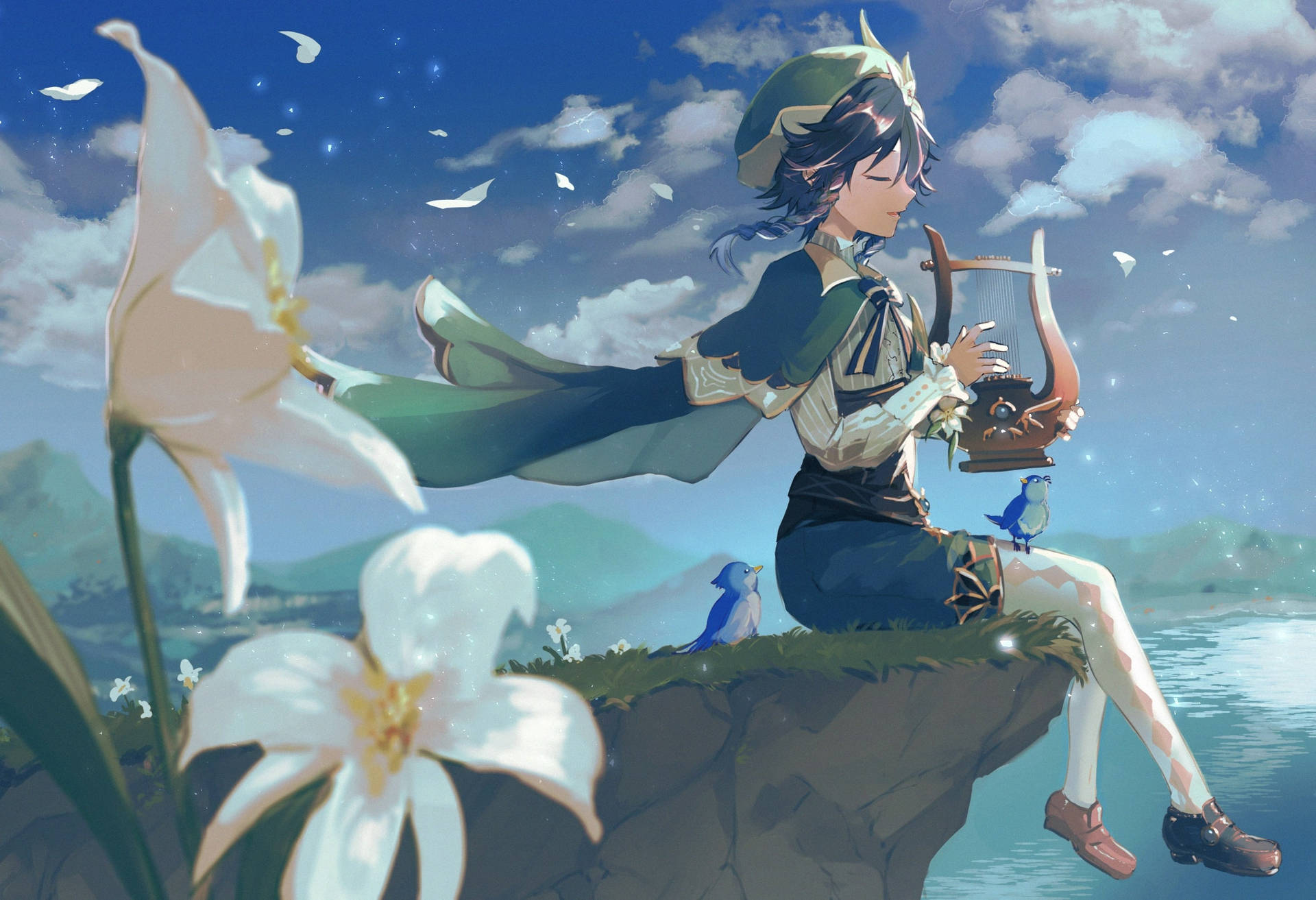Genshin Venti With Cecilia Flowers Background