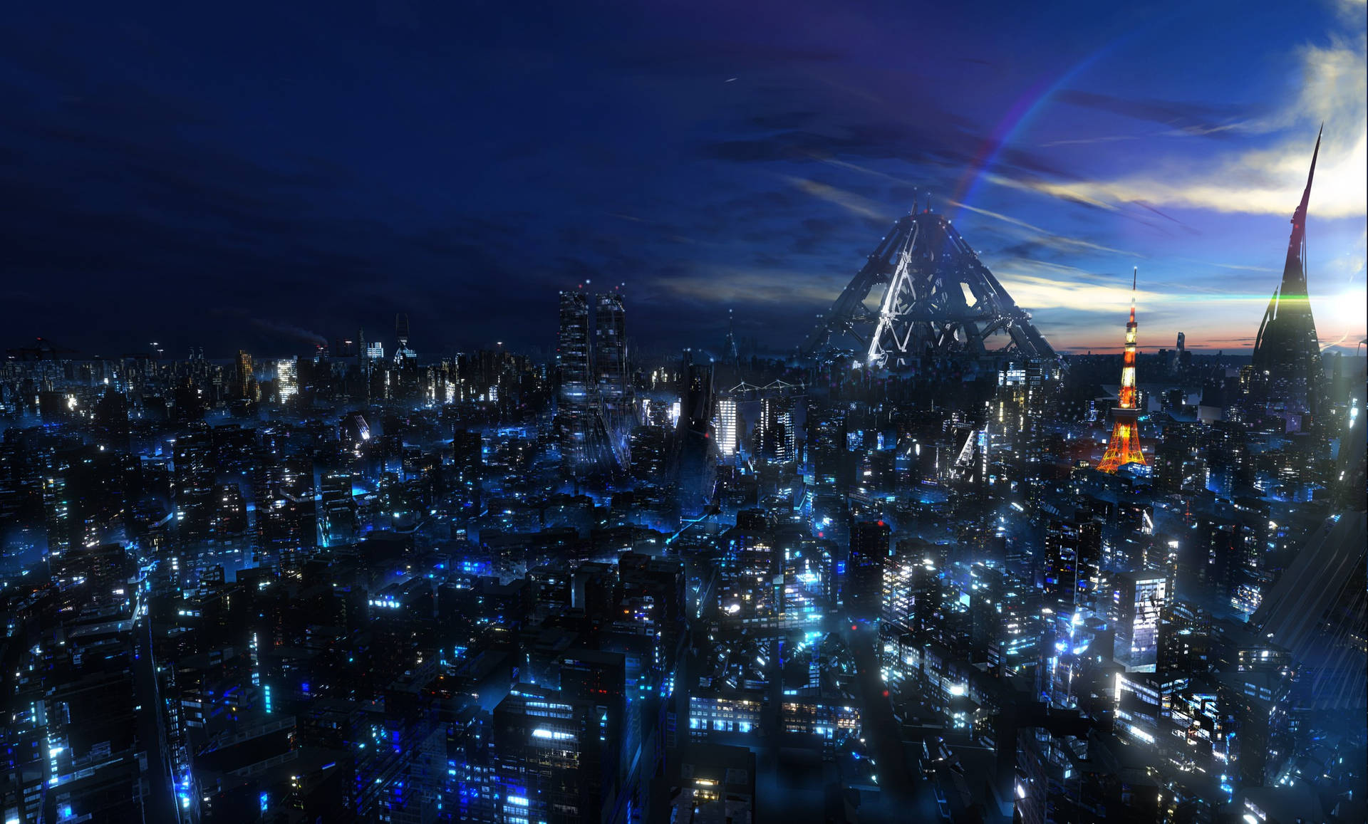 Geometric Towers In An Anime Night City Background