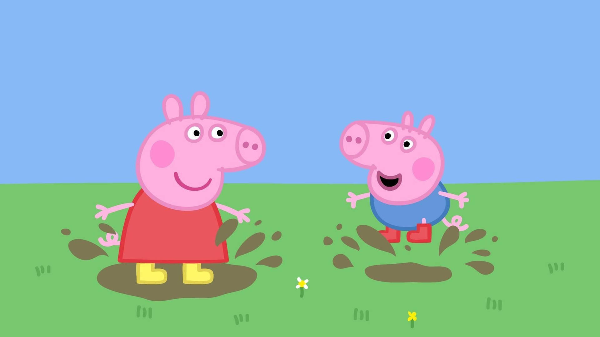 George And Peppa Pig Jumping In A Puddle Background