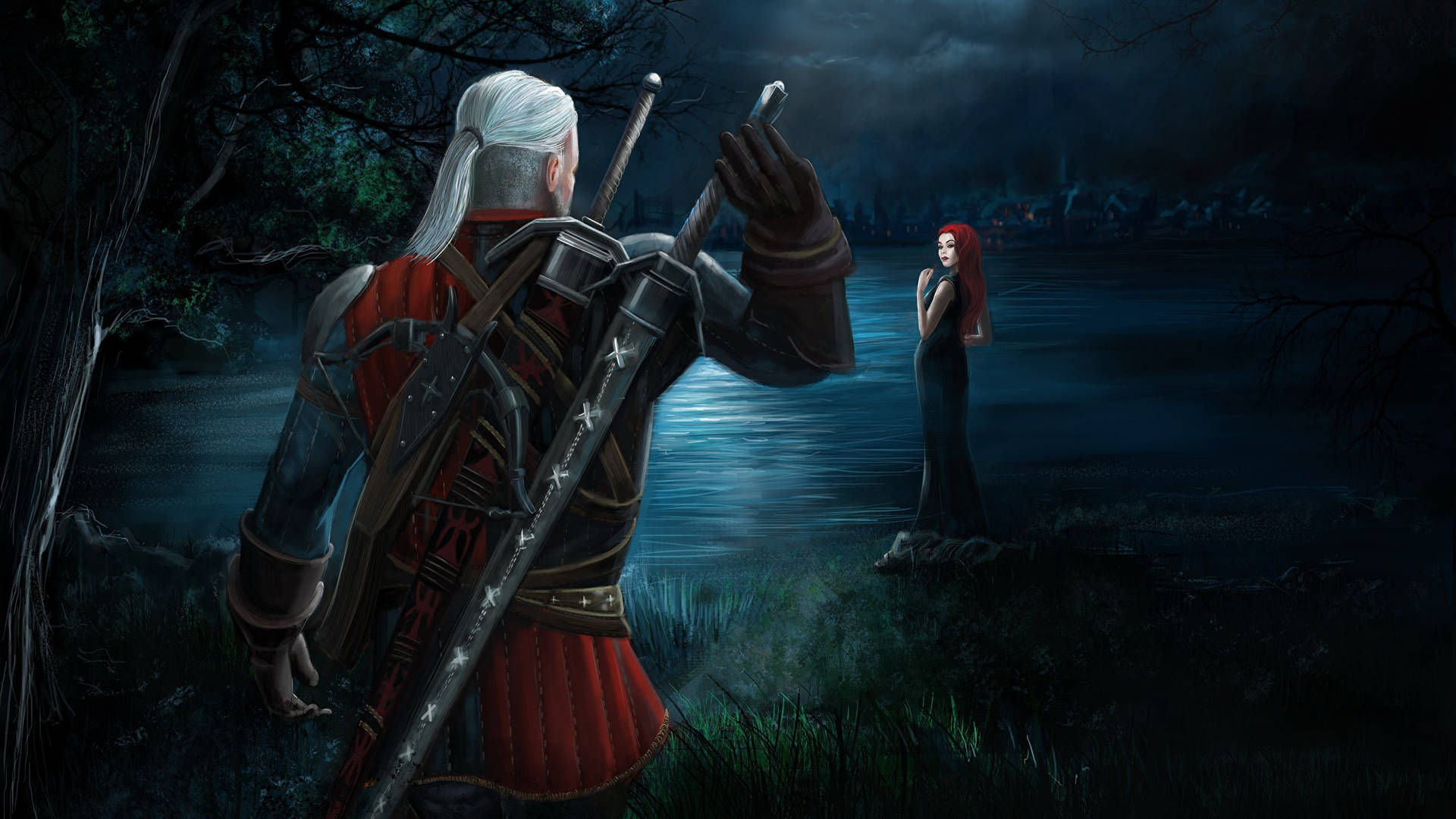 Geralt And Triss In One Of The Many Beautiful Sceneries Of Witcher 3 Background