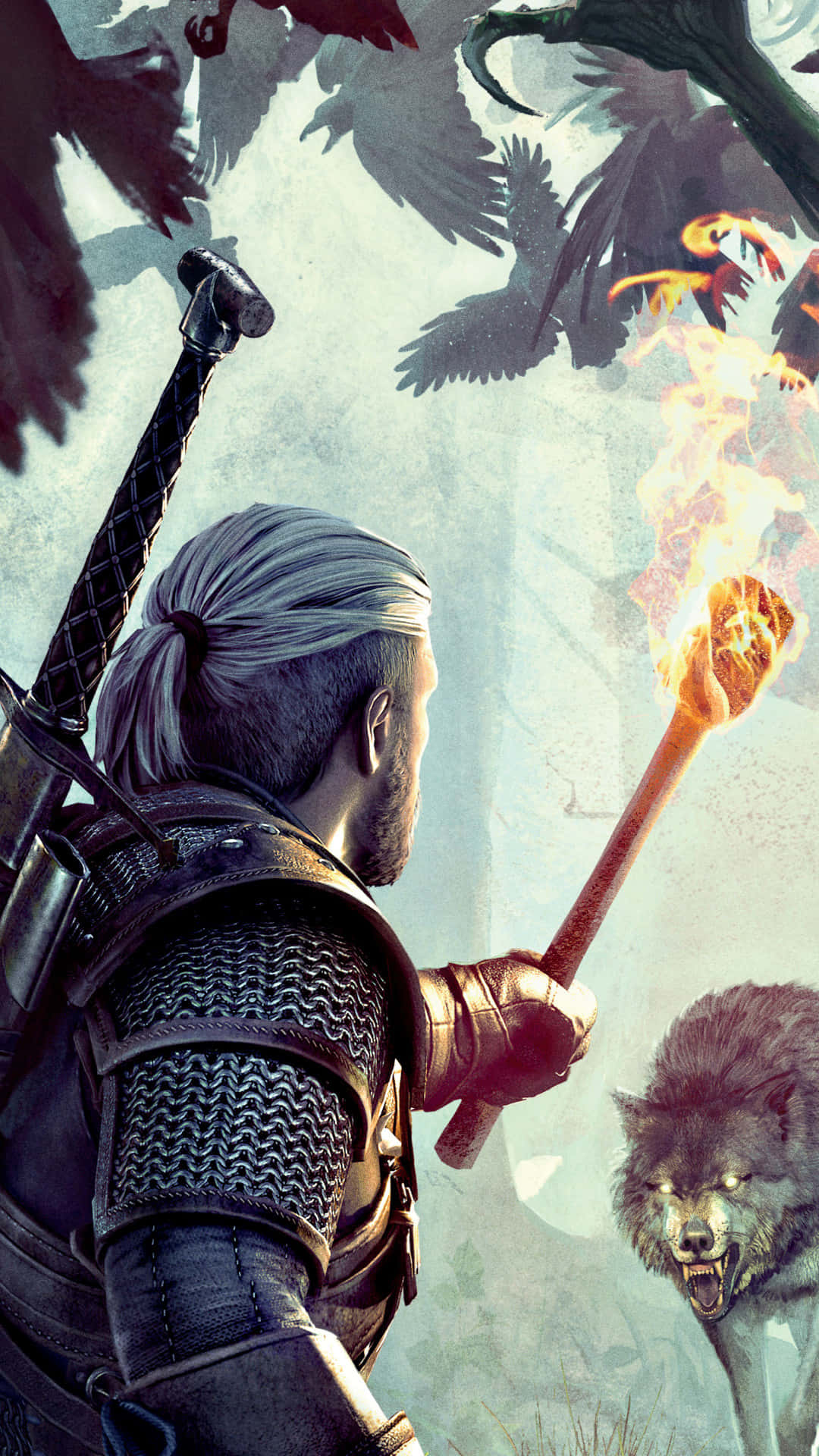 Geralt Holding Torch Wolf Witcher 3 Phone Background
