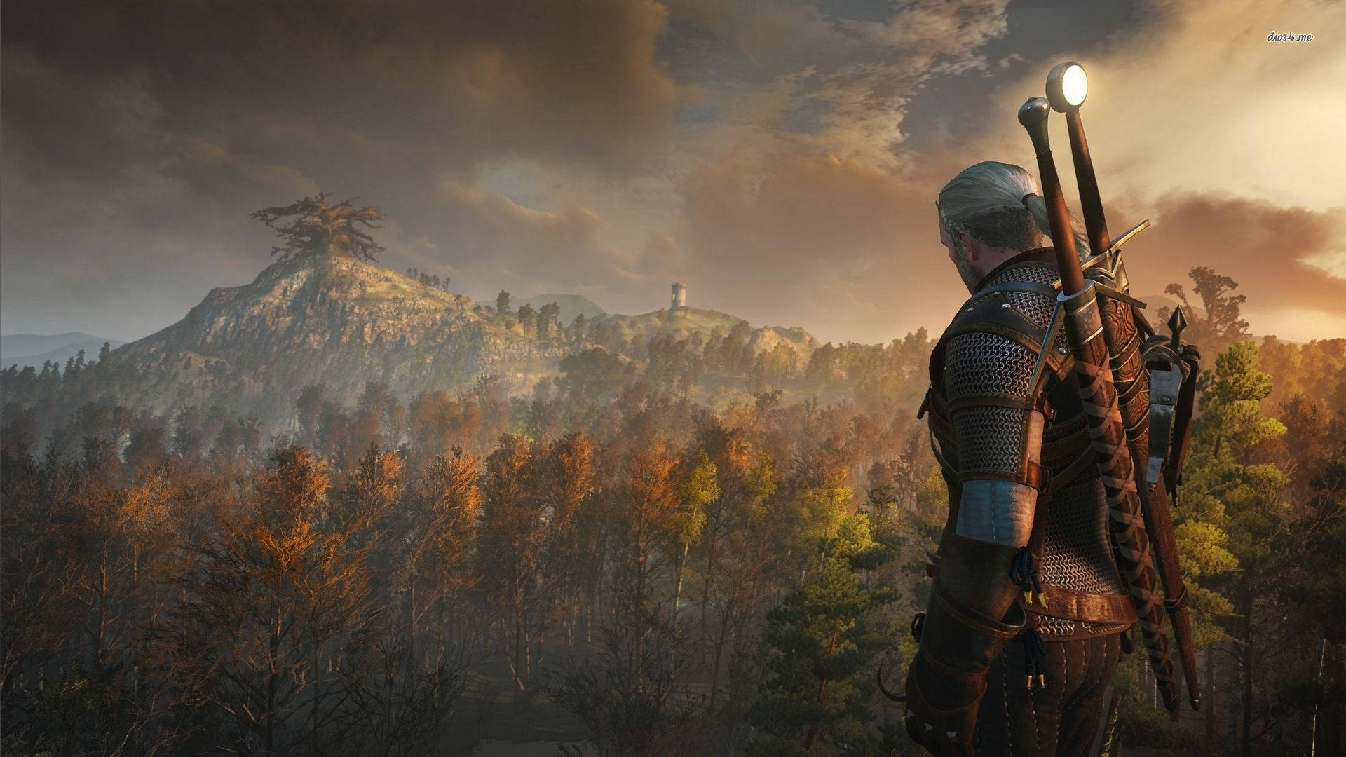 Geralt Of Rivia Overlooking A Mountain Landscape Background