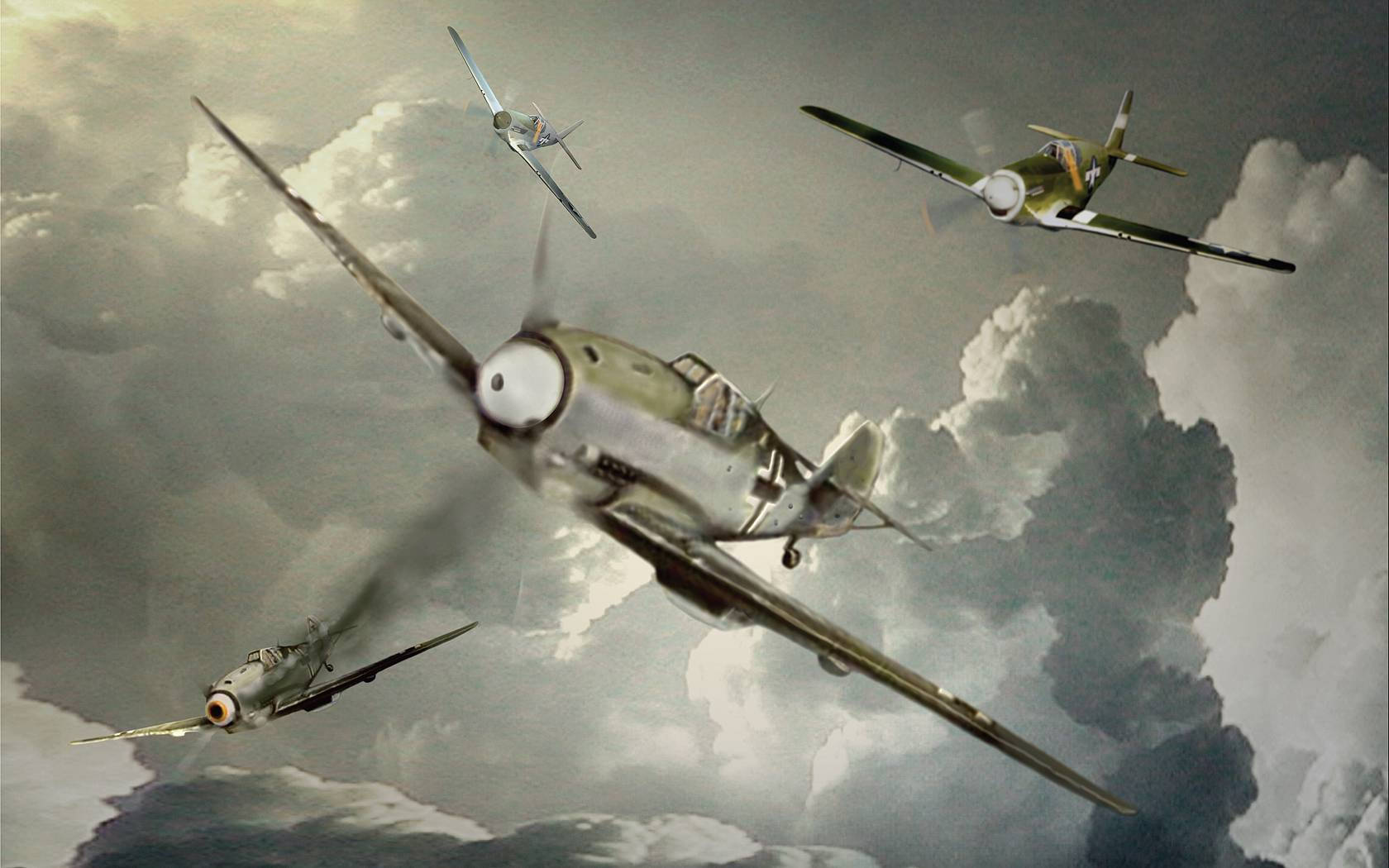 German Ww2 Fighters On Gray Clouds