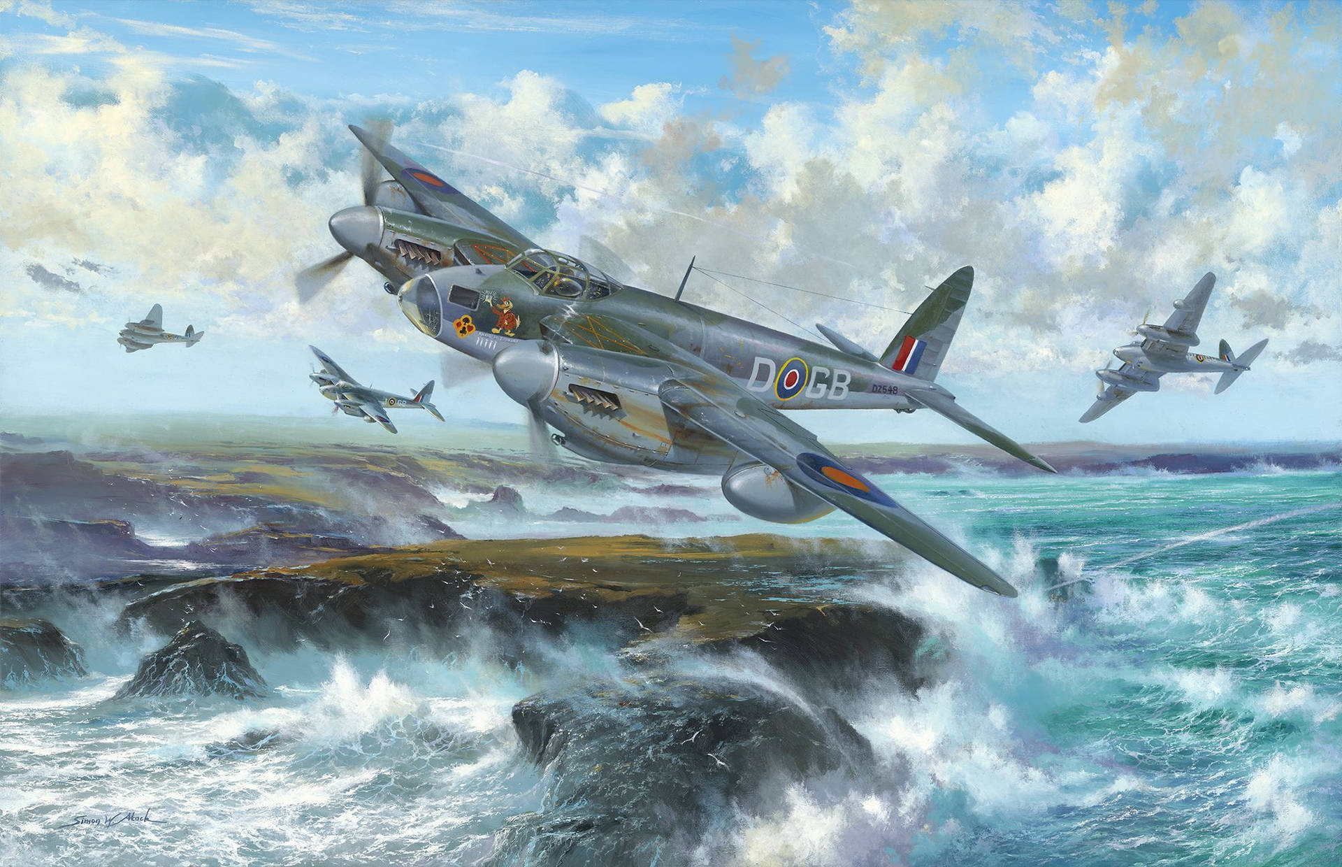 German Ww2 Fighters Over The Ocean Background