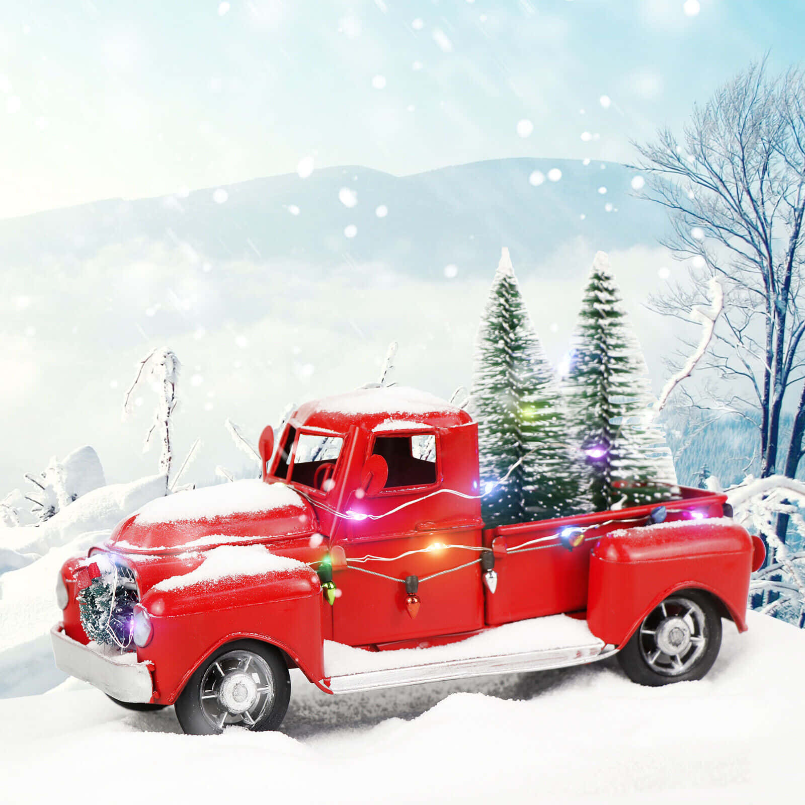 Get Festive With This Vintage Pickup Truck Wrapped In Christmas Lights Background