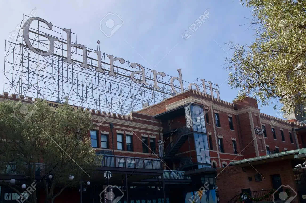 Ghirardelli Square Sign From Below Background