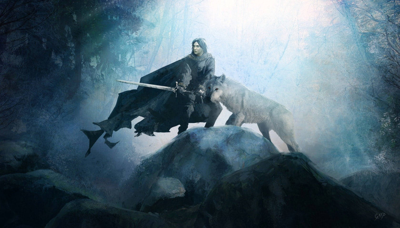 Ghost Dire Wolf And Jon Snow Game Of Thrones Background