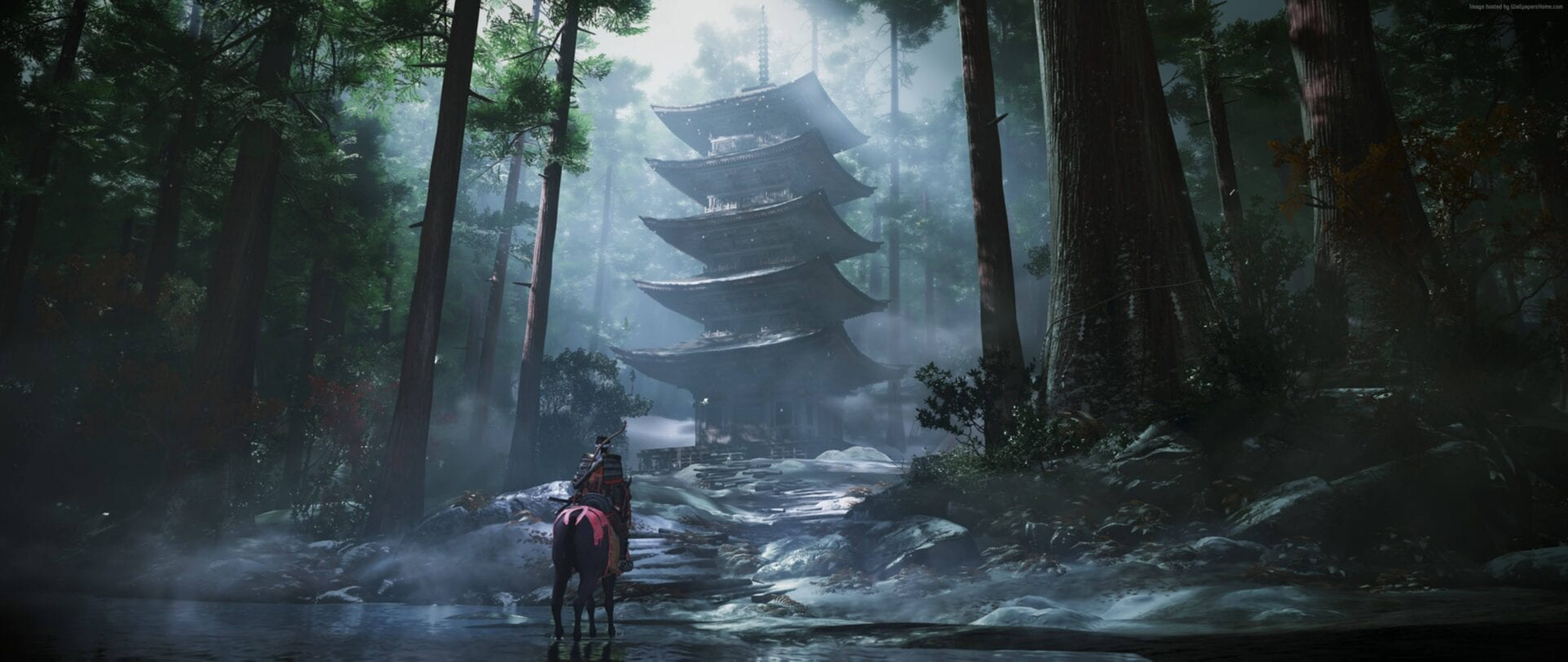 Ghost Of Tsushima Jin Approaching A Temple 4k Background