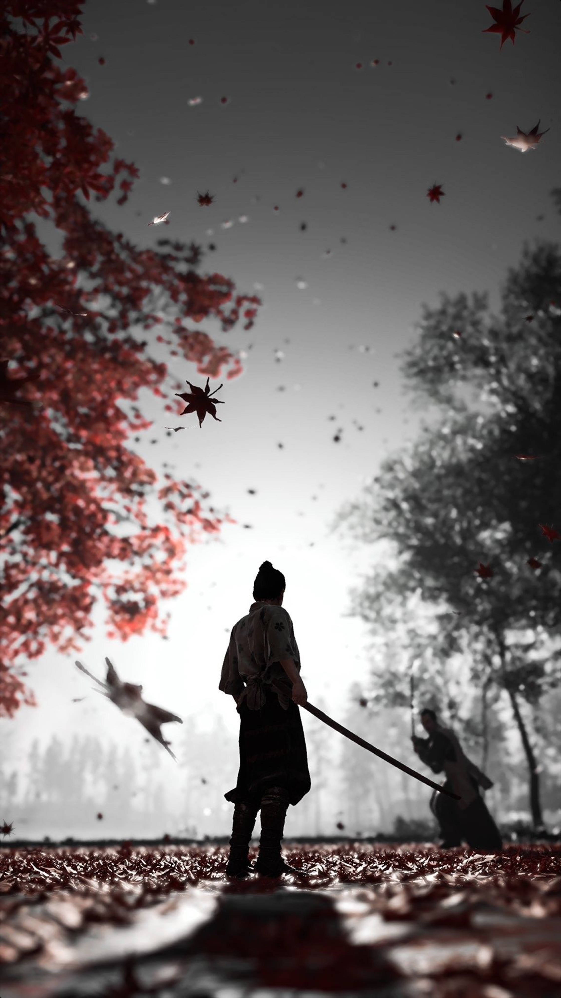 Ghost Of Tsushima Silhouetted Man With Sword 4k