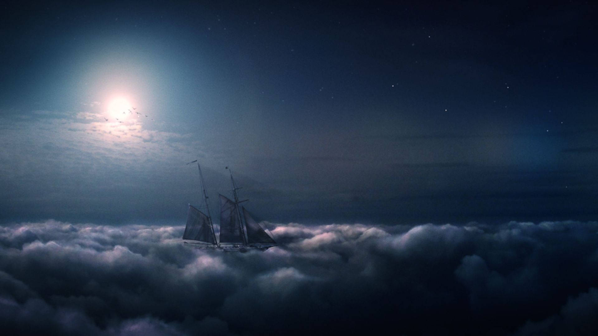 Ghost Ship On Clouds Background