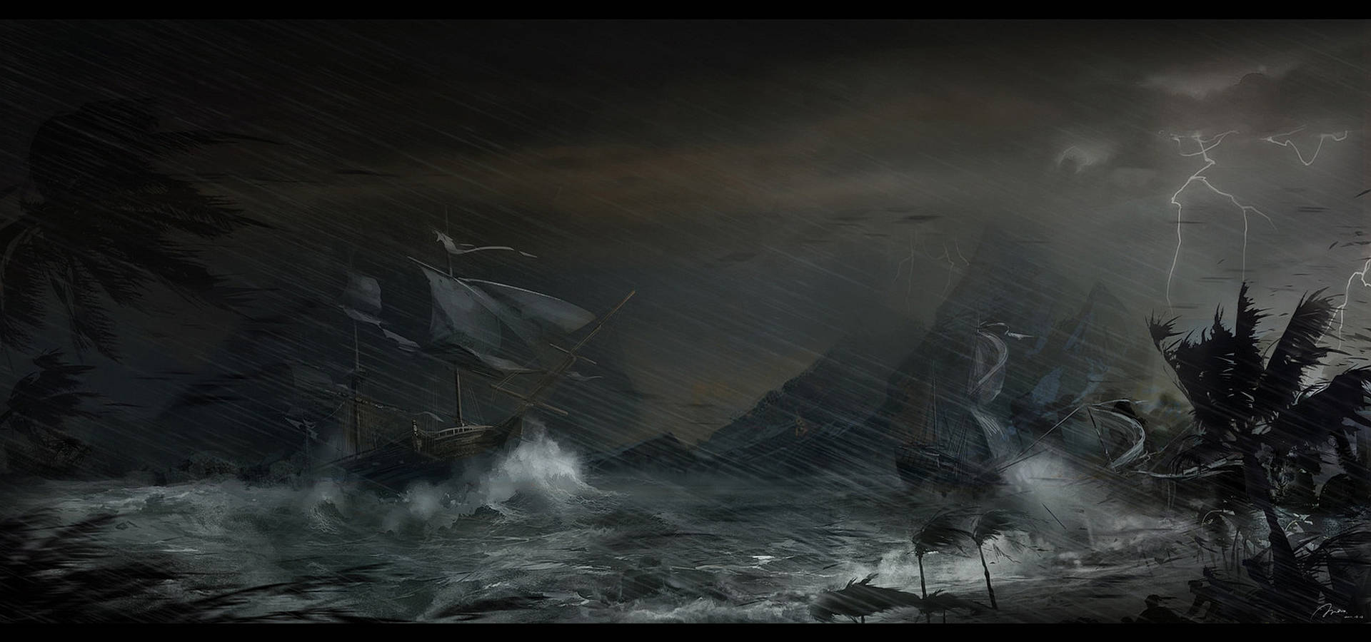 Ghost Ship Stormy Sea Background