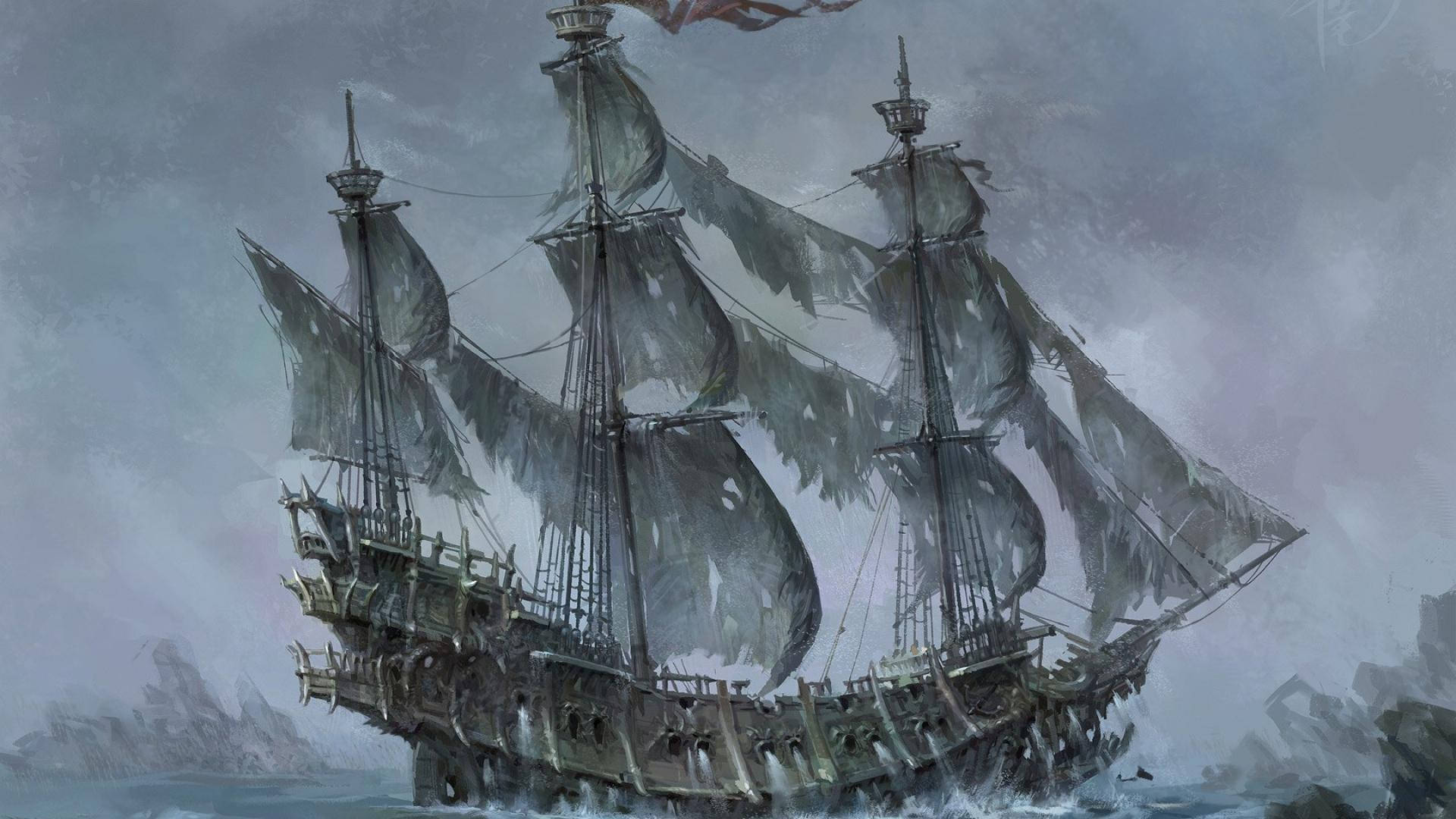 Ghost Ship Torn Sails Digital Art Background