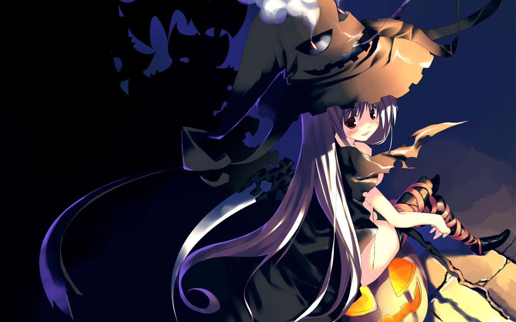 Ghostly Halloween Anime Girl With Her Pumpkin Companion Background