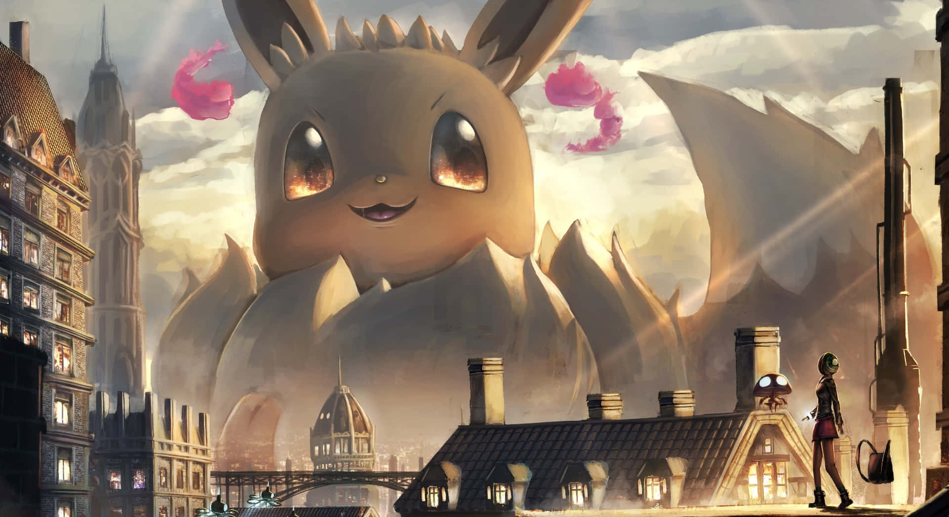 Giant Eevee Fantasy Cityscape Background