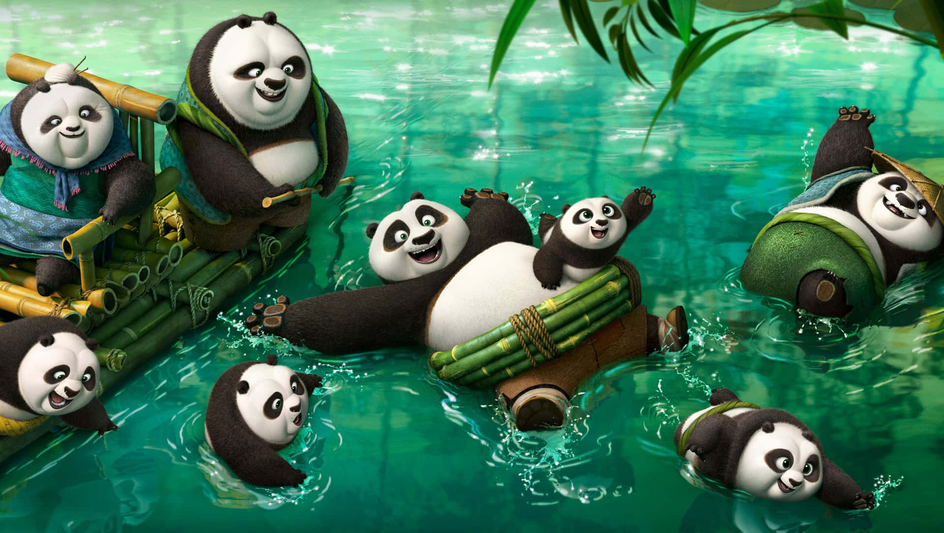 Giant Pandas Enjoying And Swimming