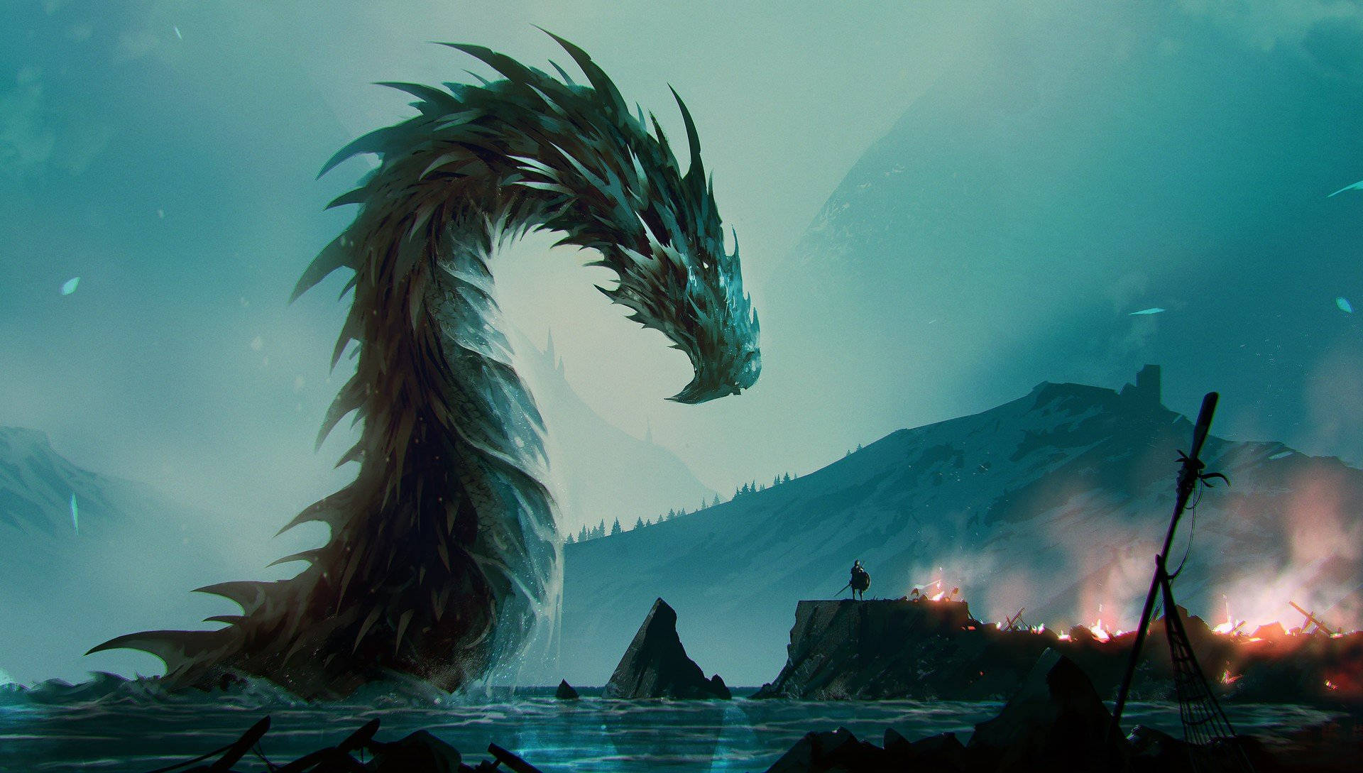 Giant Sharp Water Dragon In Ocean Background