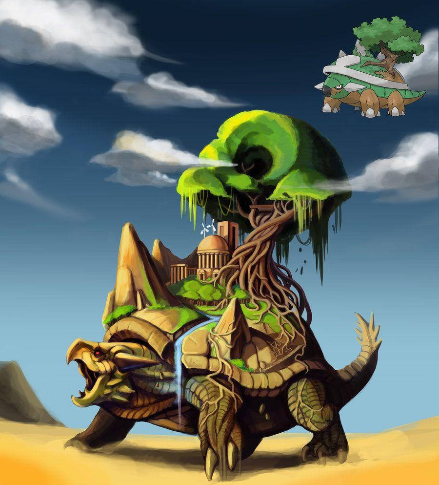 Giant Torterra Walking Through Desert Background